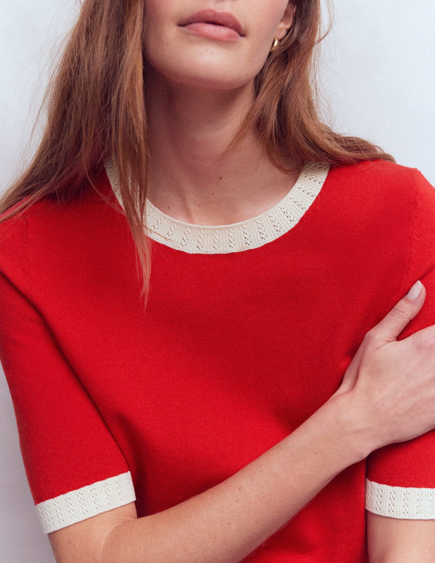 Emilia Cotton Crew T-shirt-Salsa Red, Ivory