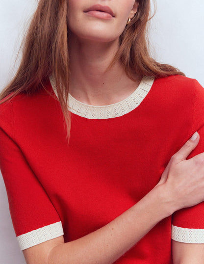 Emilia Cotton Crew T-shirt-Salsa Red, Ivory-2