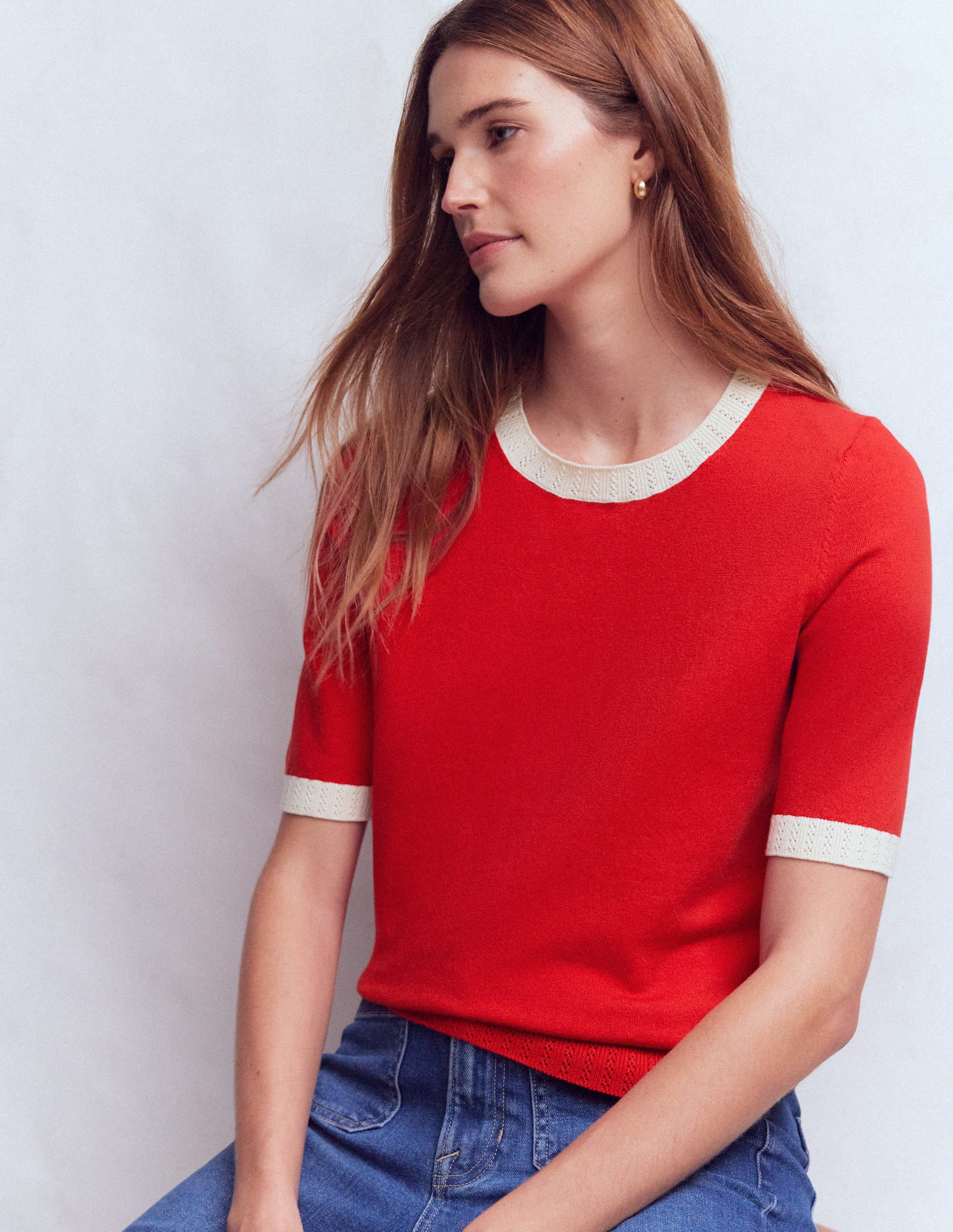 Emilia Cotton Crew T-shirt-Merida Red, Ivory - Image 4