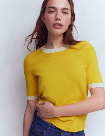 Emilia Cotton Crew T-shirt-Pineapple Yellow, Ivory-4