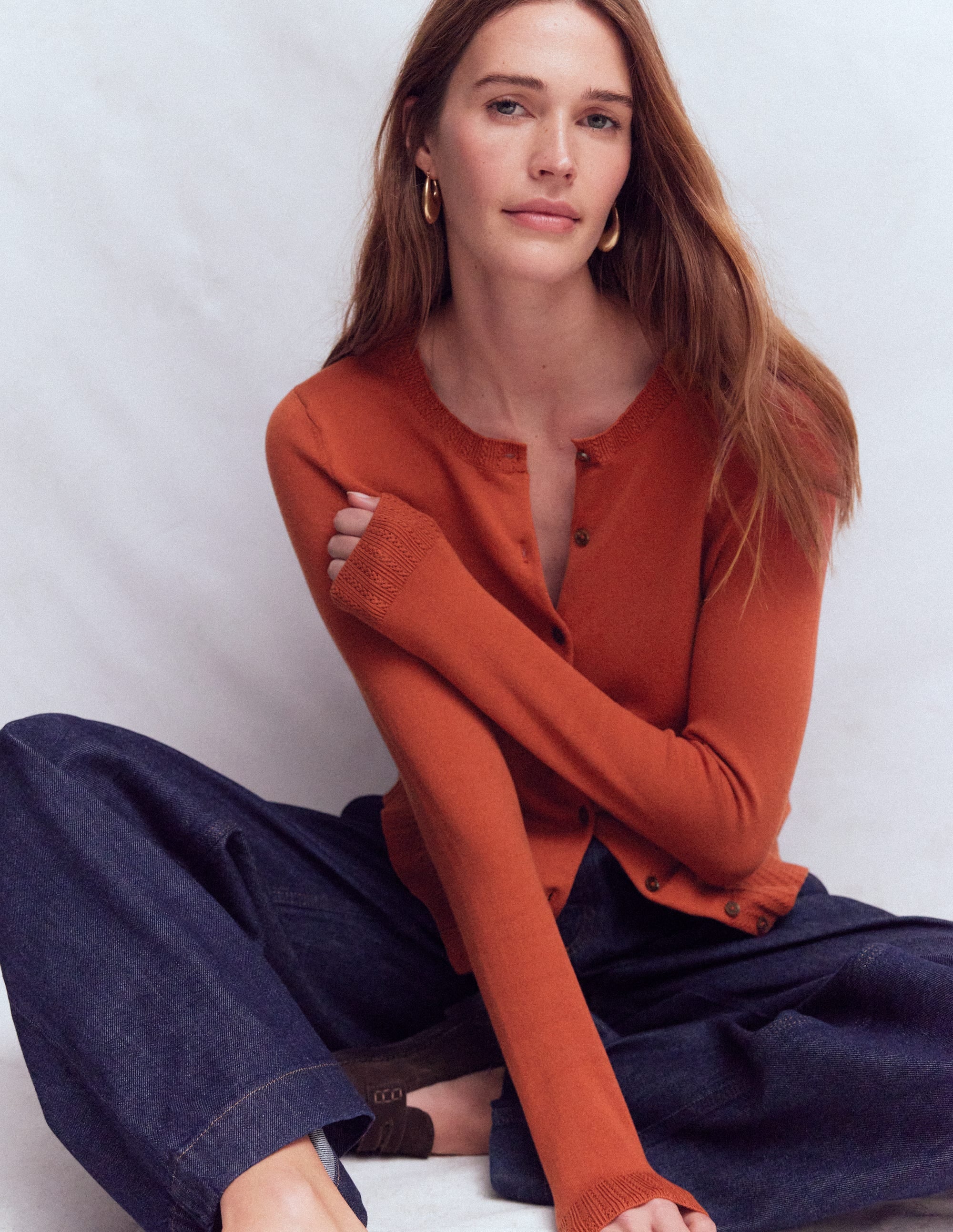 Emilia Cotton Crew Cardigan-Roasted Chestnut Brown - Image 1