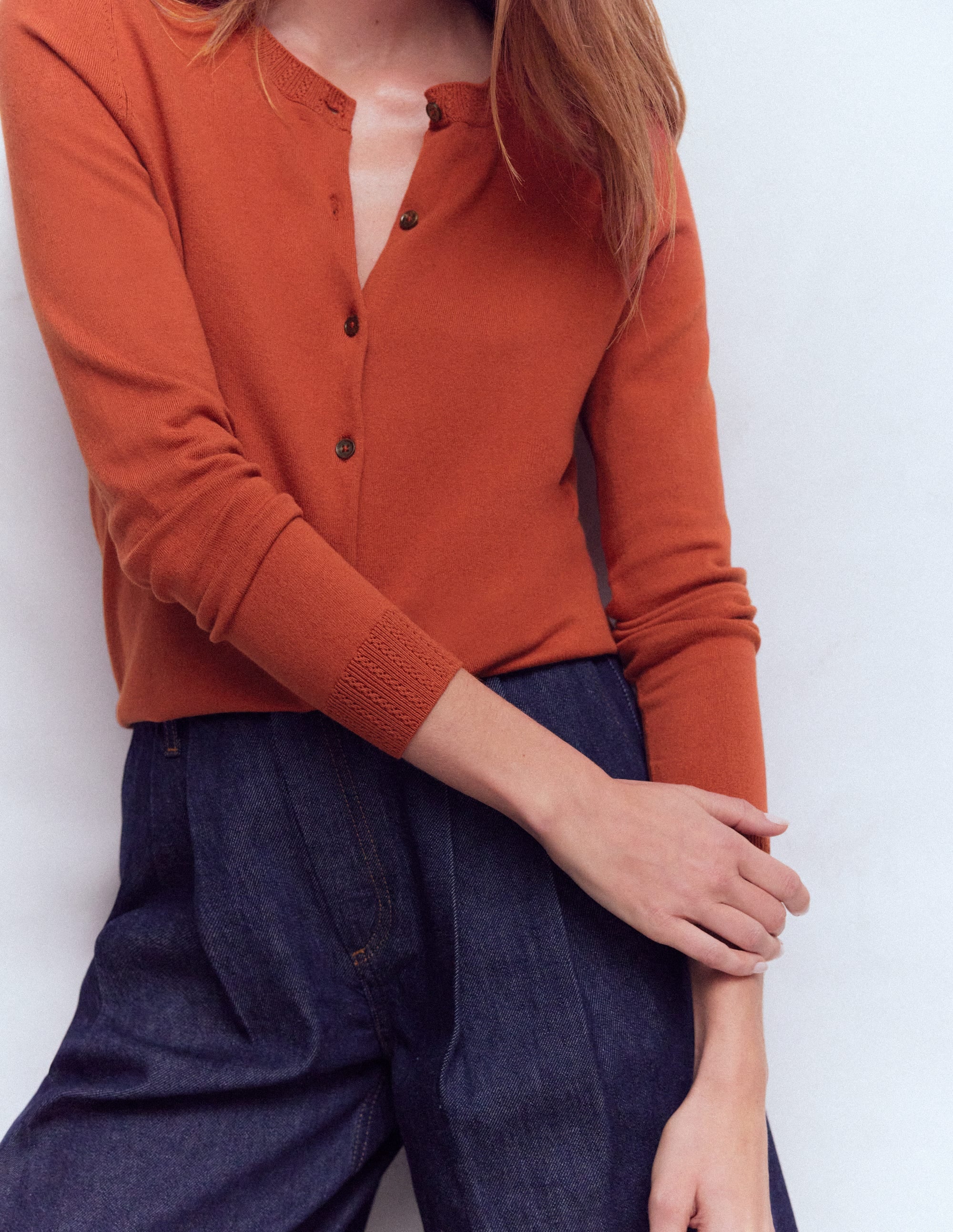 Emilia Cotton Crew Cardigan-Roasted Chestnut Brown - Image 2