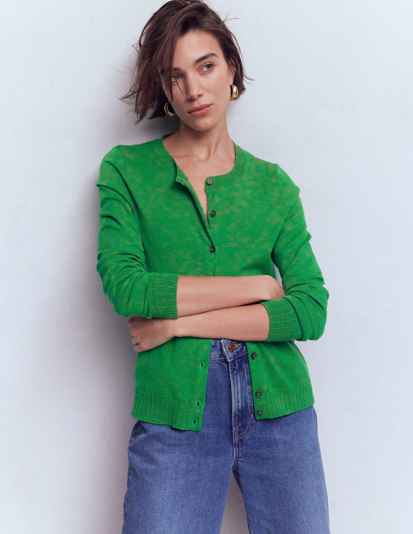 Emilia Cotton Crew Cardigan-Rich Emerald