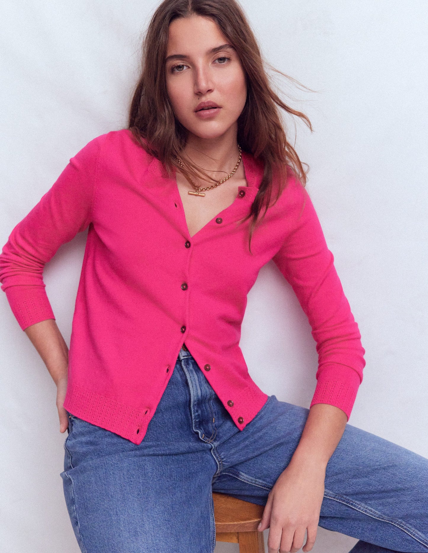 Emilia Cotton Crew Cardigan-Pink Peony