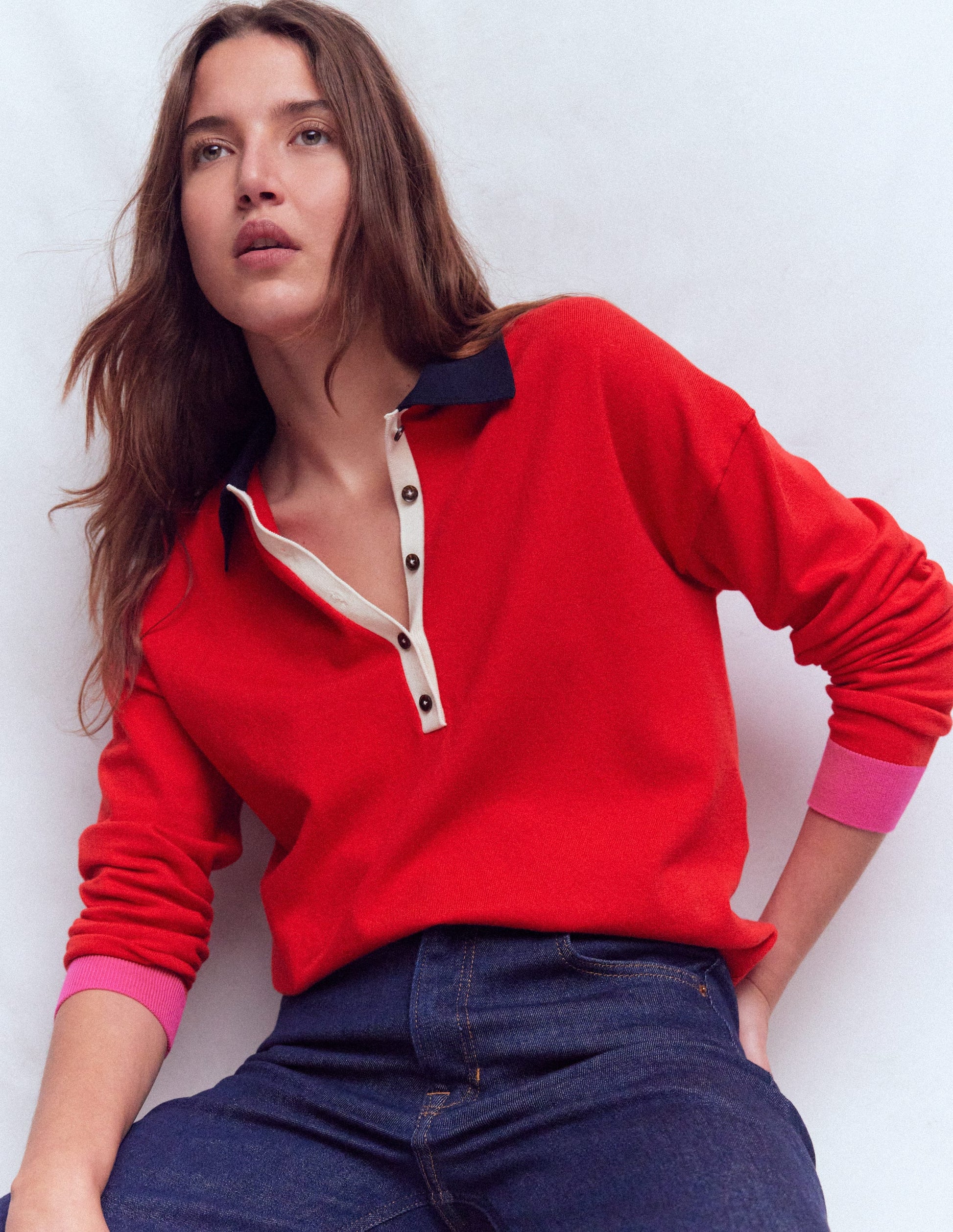 Lara Cotton Henley Jumper-Red-1