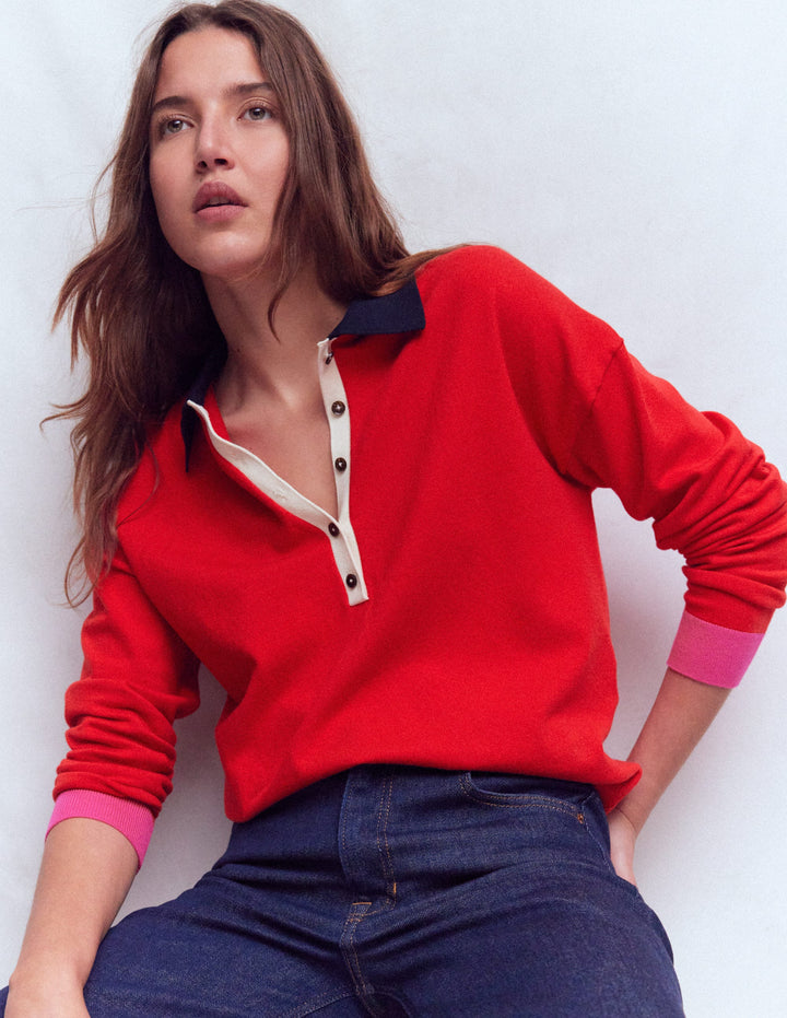 Lara Cotton Henley Jumper-Red