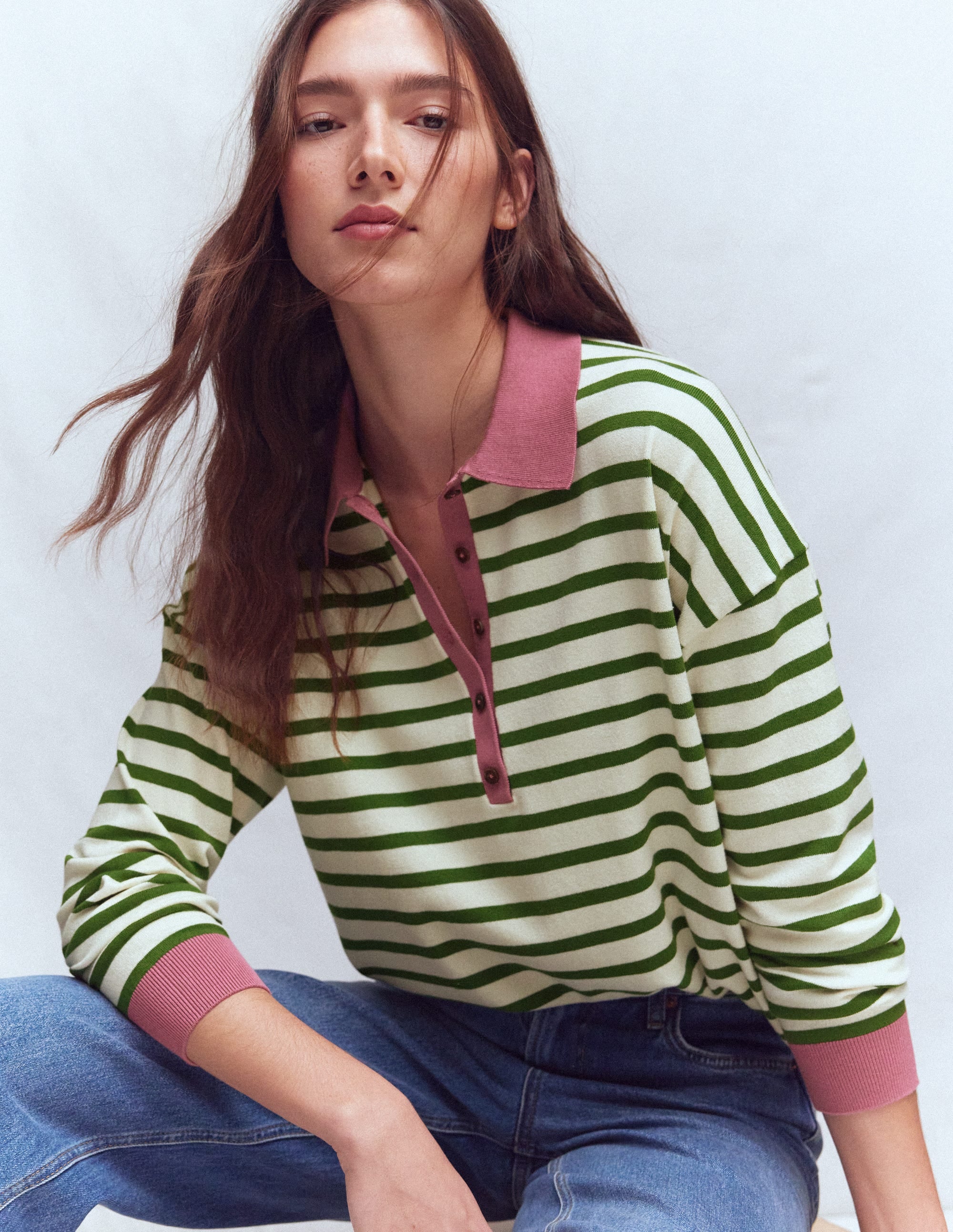 Lara Cotton Henley Jumper-Warm Ivory, Courtyard Stripe - Image 1