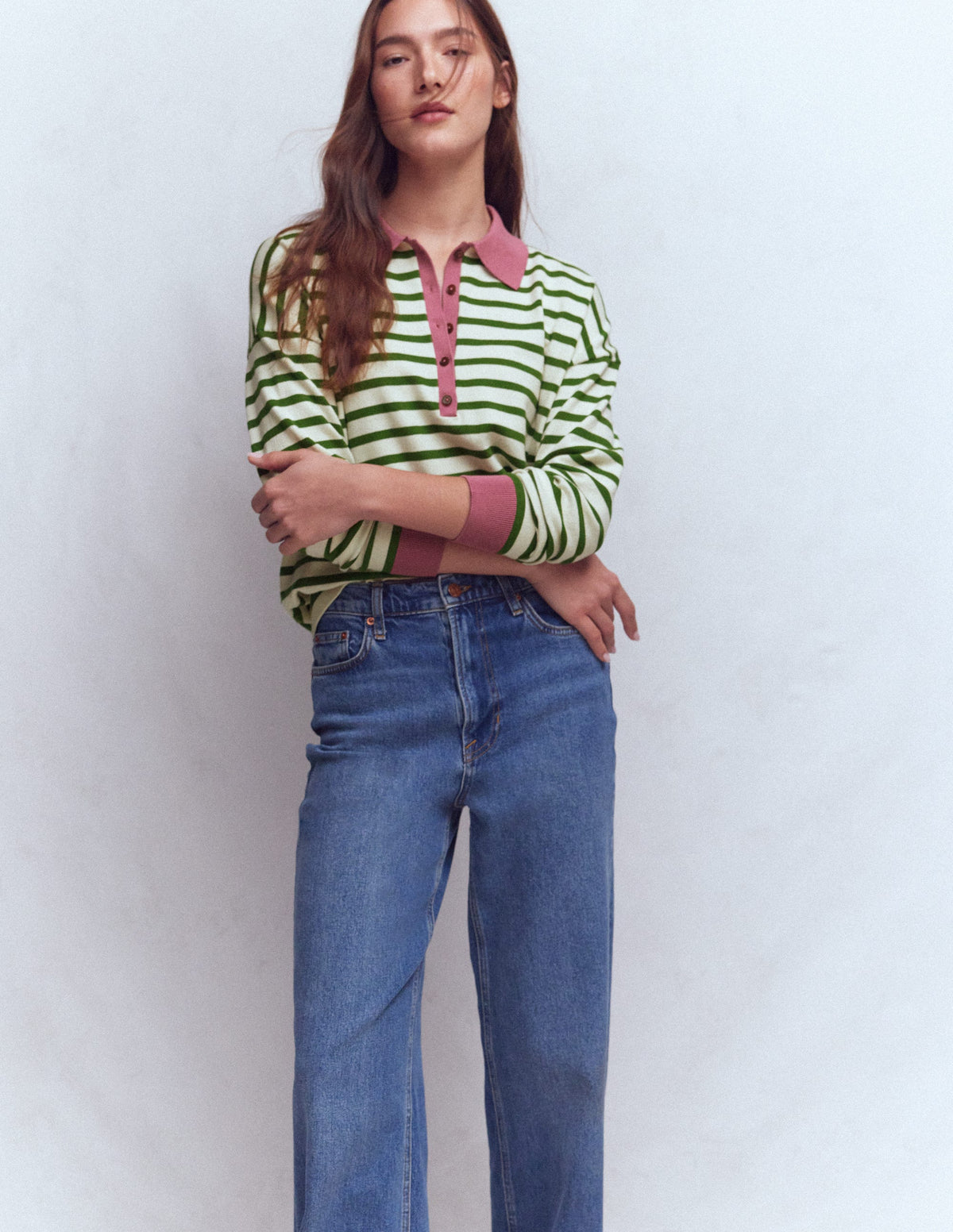 Lara Cotton Henley Jumper-Warm Ivory, Courtyard Stripe - Image 4