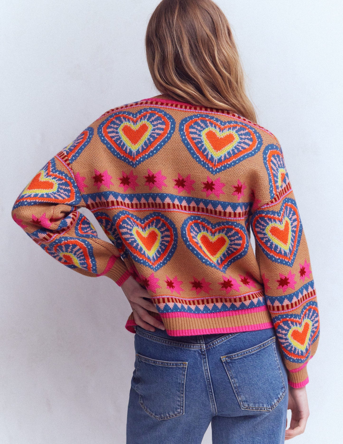 Abi Jacquard Cardigan-Camel Melange, Hearts