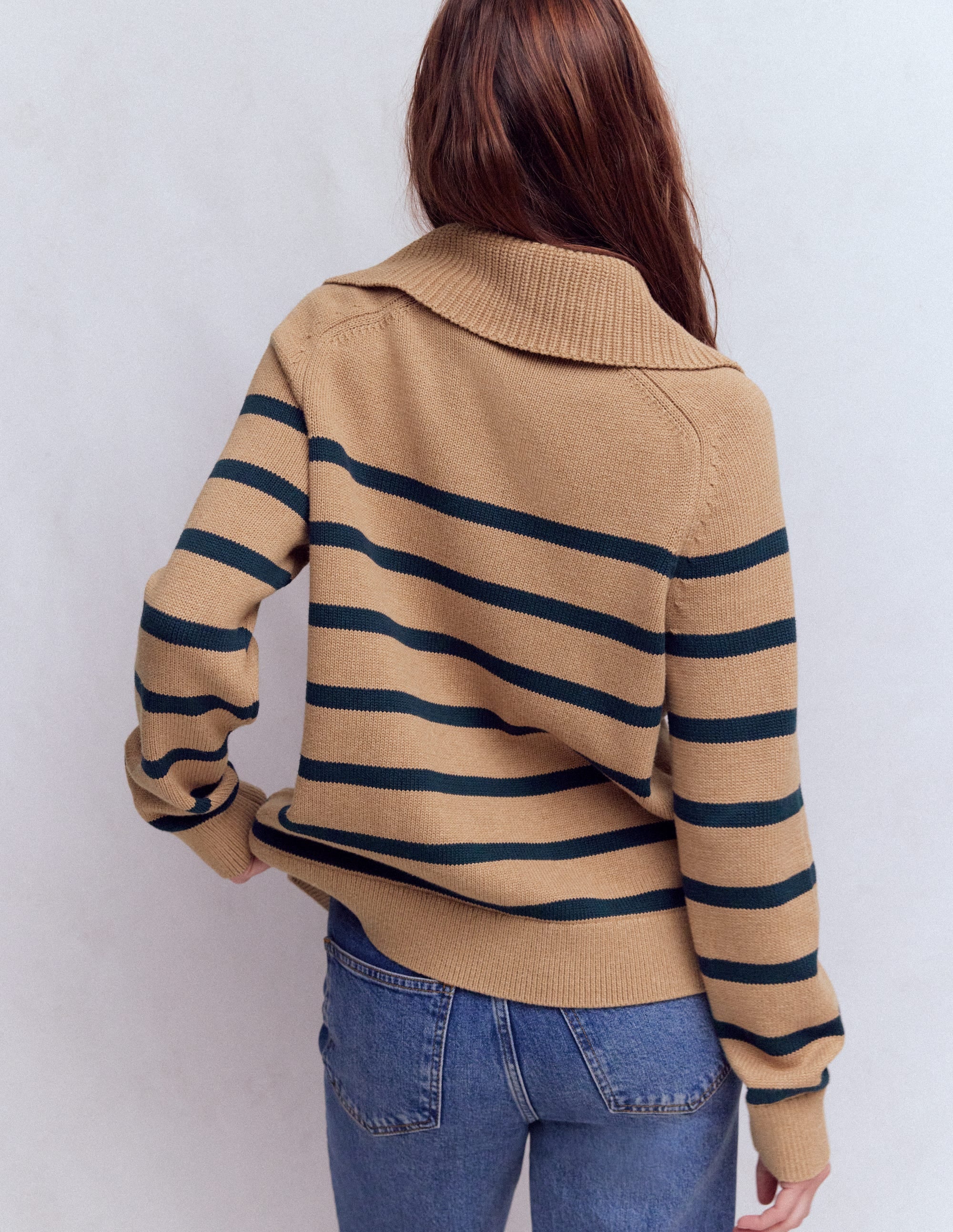 Lucy Half Zip Jumper-Camel Melange, Navy Stripe - Image 3