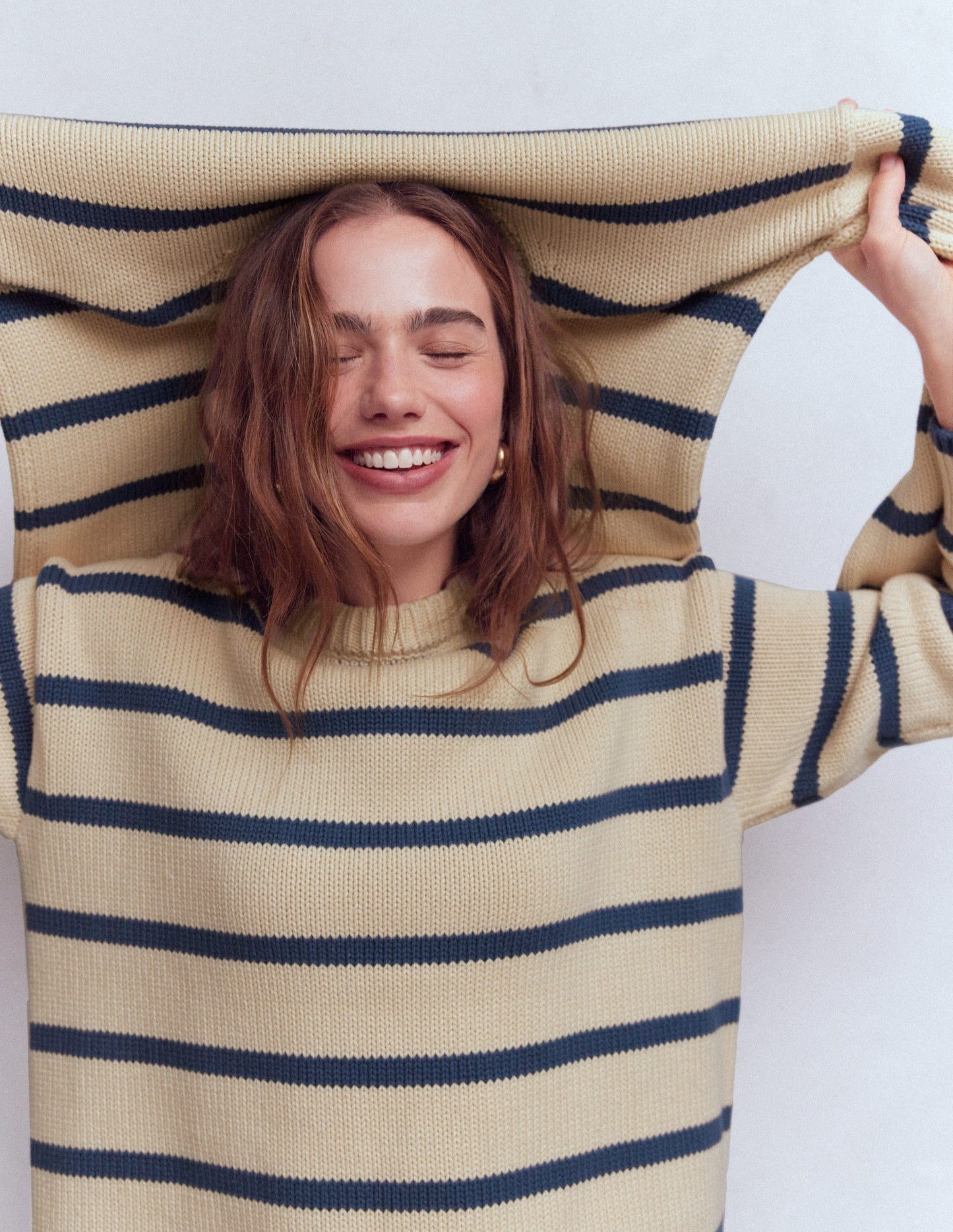 Lucy Oversized Cotton Jumper-Almond Milk/ Denim Blue Stripe