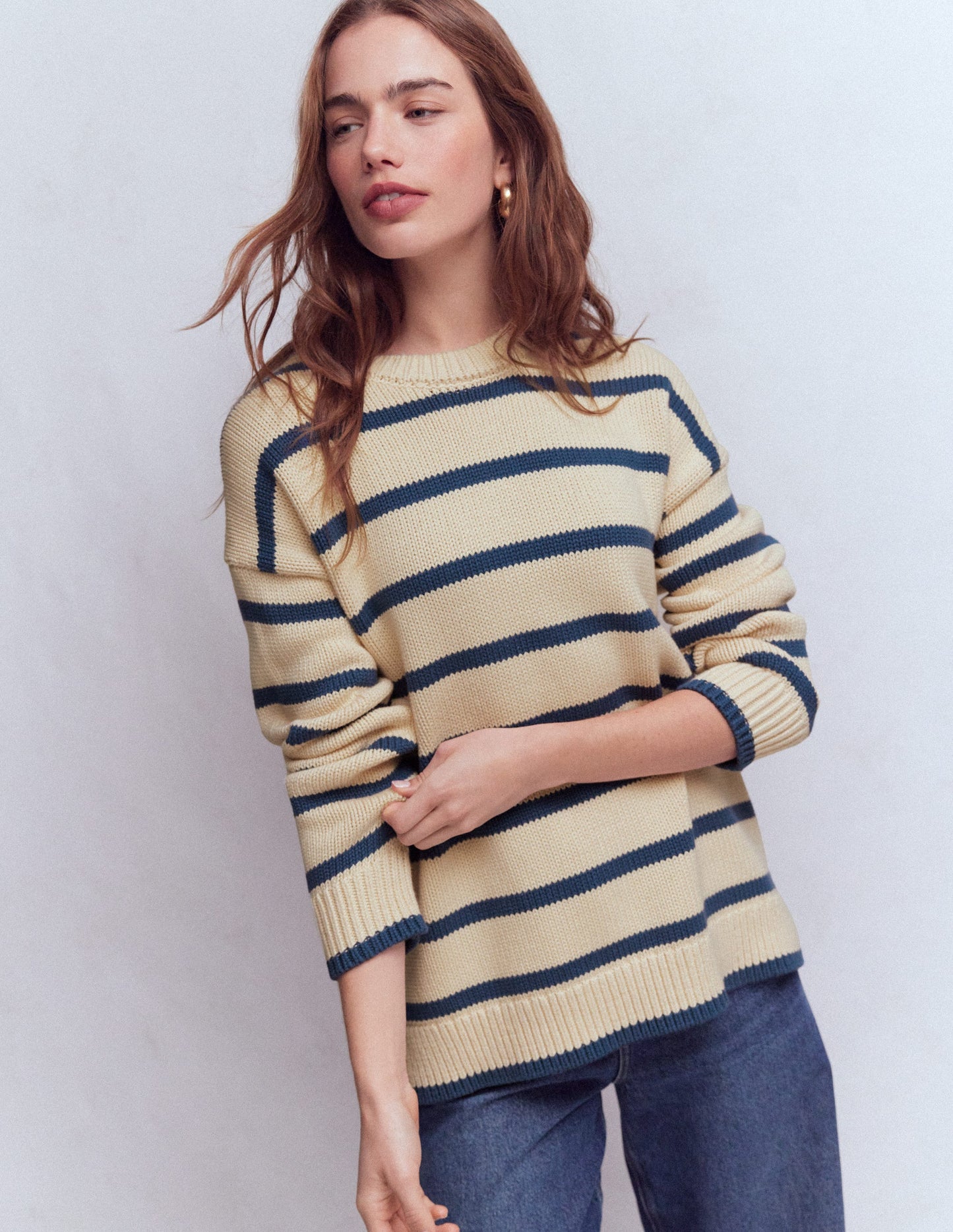 Lucy Oversized Cotton Jumper-Almond Milk/ Denim Blue Stripe