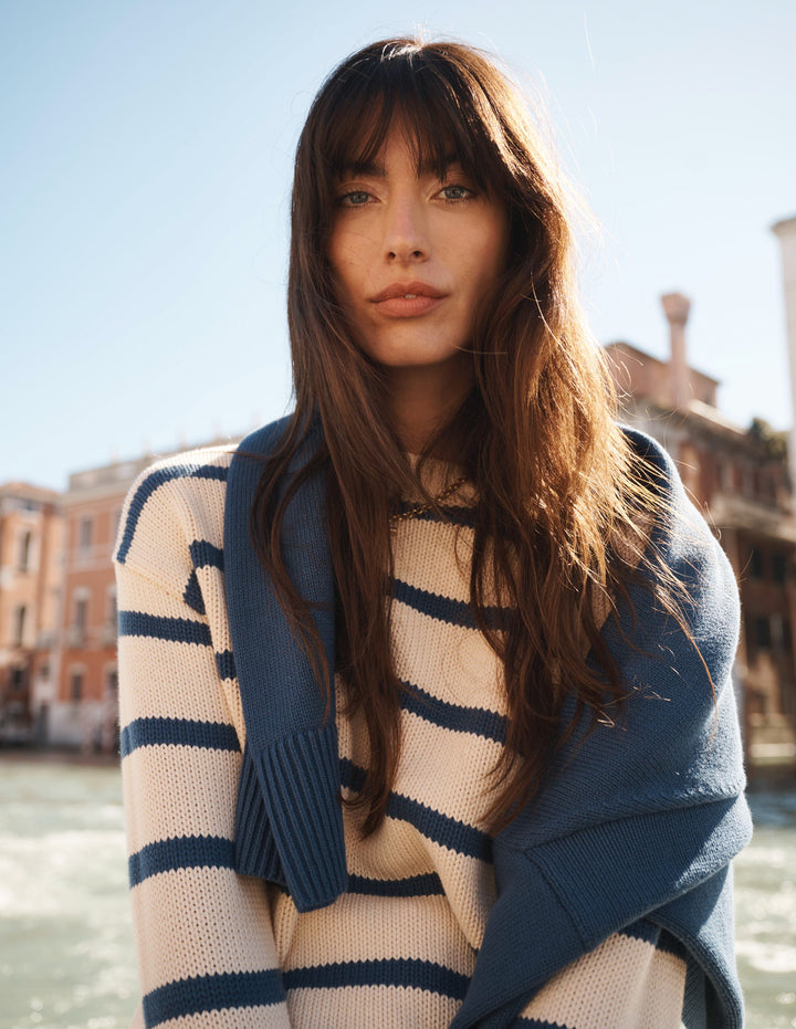 Lucy Oversized Cotton Jumper-Almond Milk/ Denim Blue Stripe