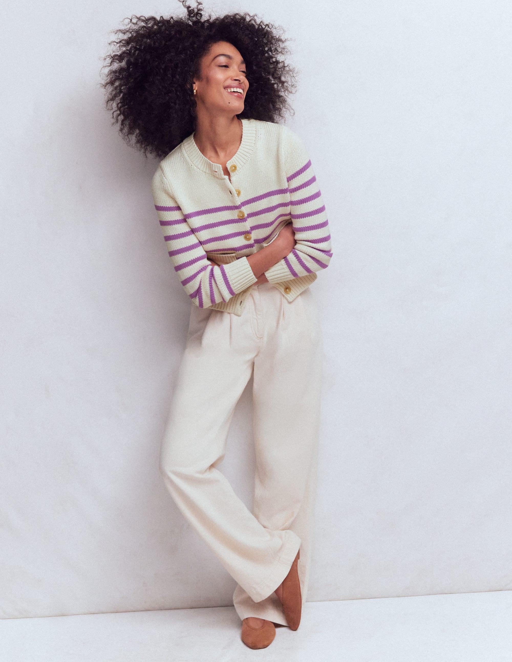 Lucy Chunky Cotton Cardigan-Warm Ivory/ Mulberry Purple - Image 4
