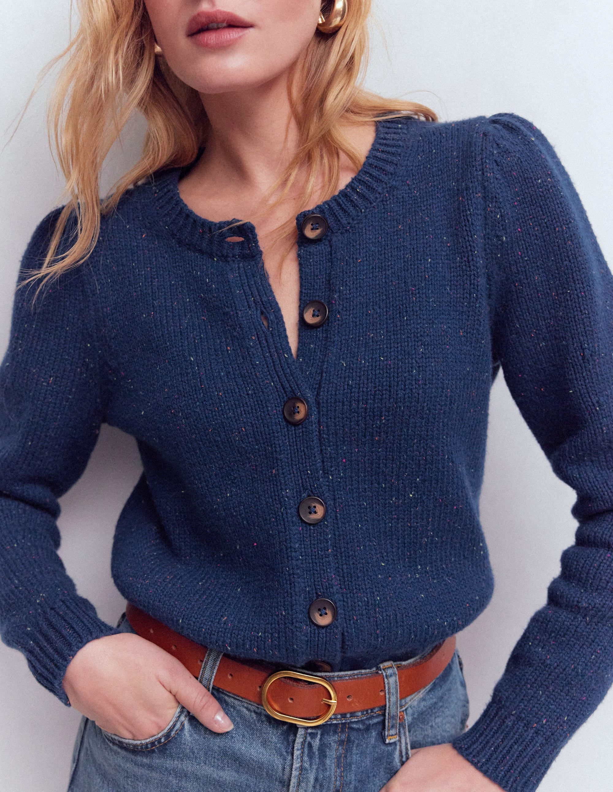 Davina Puff Sleeve Cardigan-Blue, Nep - Image 2