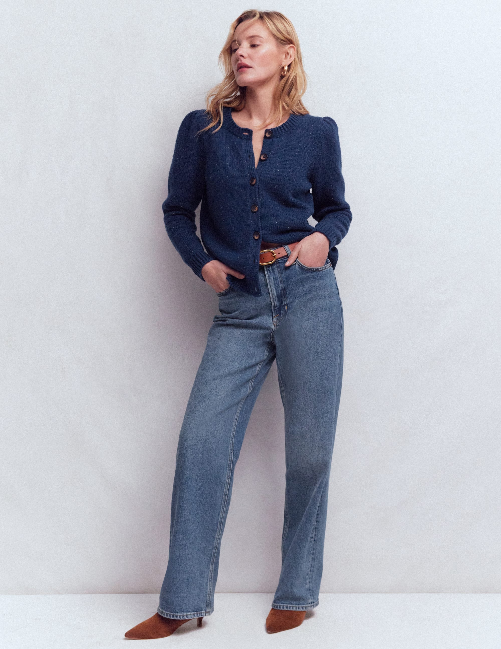Davina Puff Sleeve Cardigan-Blue, Nep - Image 4