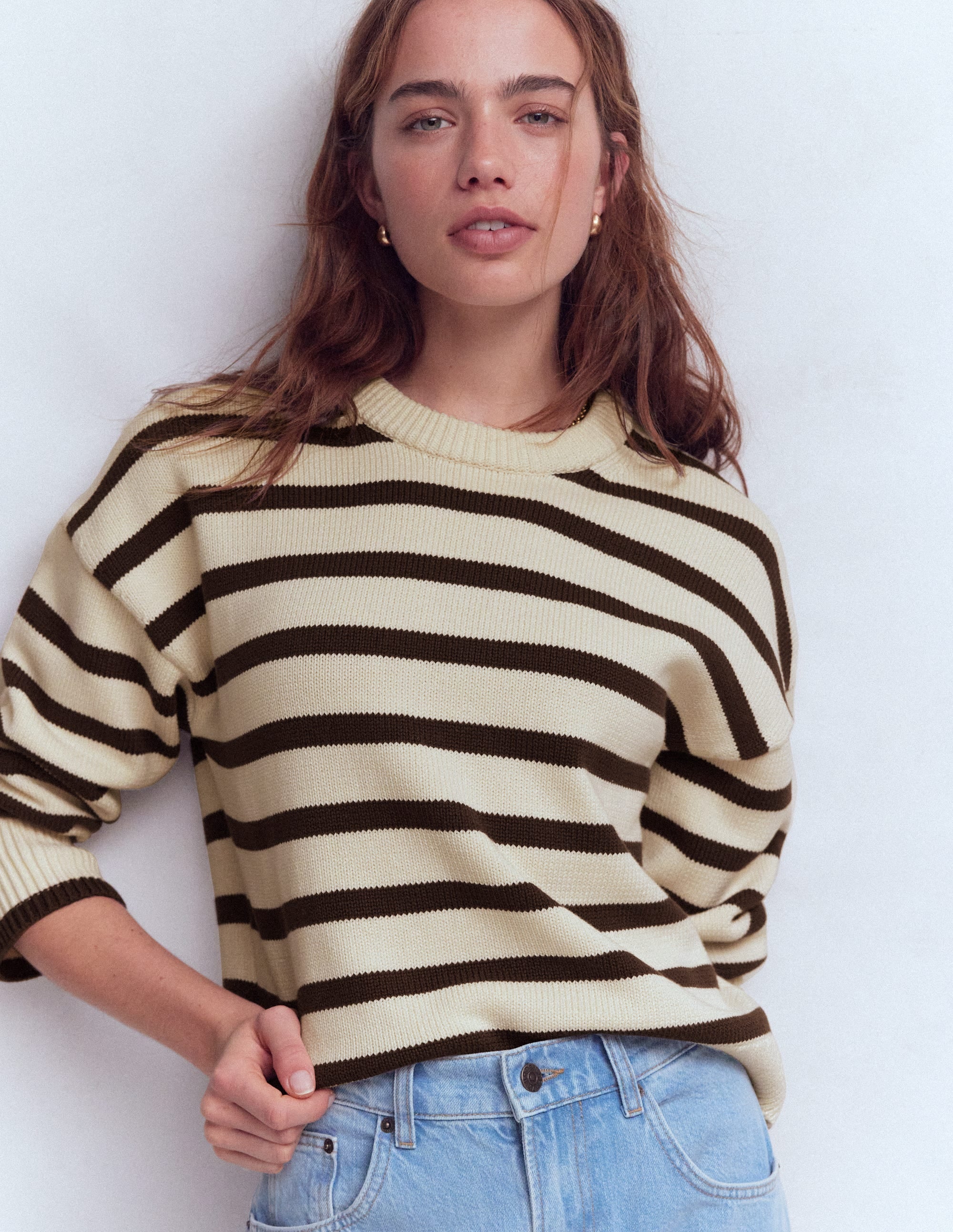 Lucy Relaxed Cotton Jumper-Ivory, Brown - Image 1