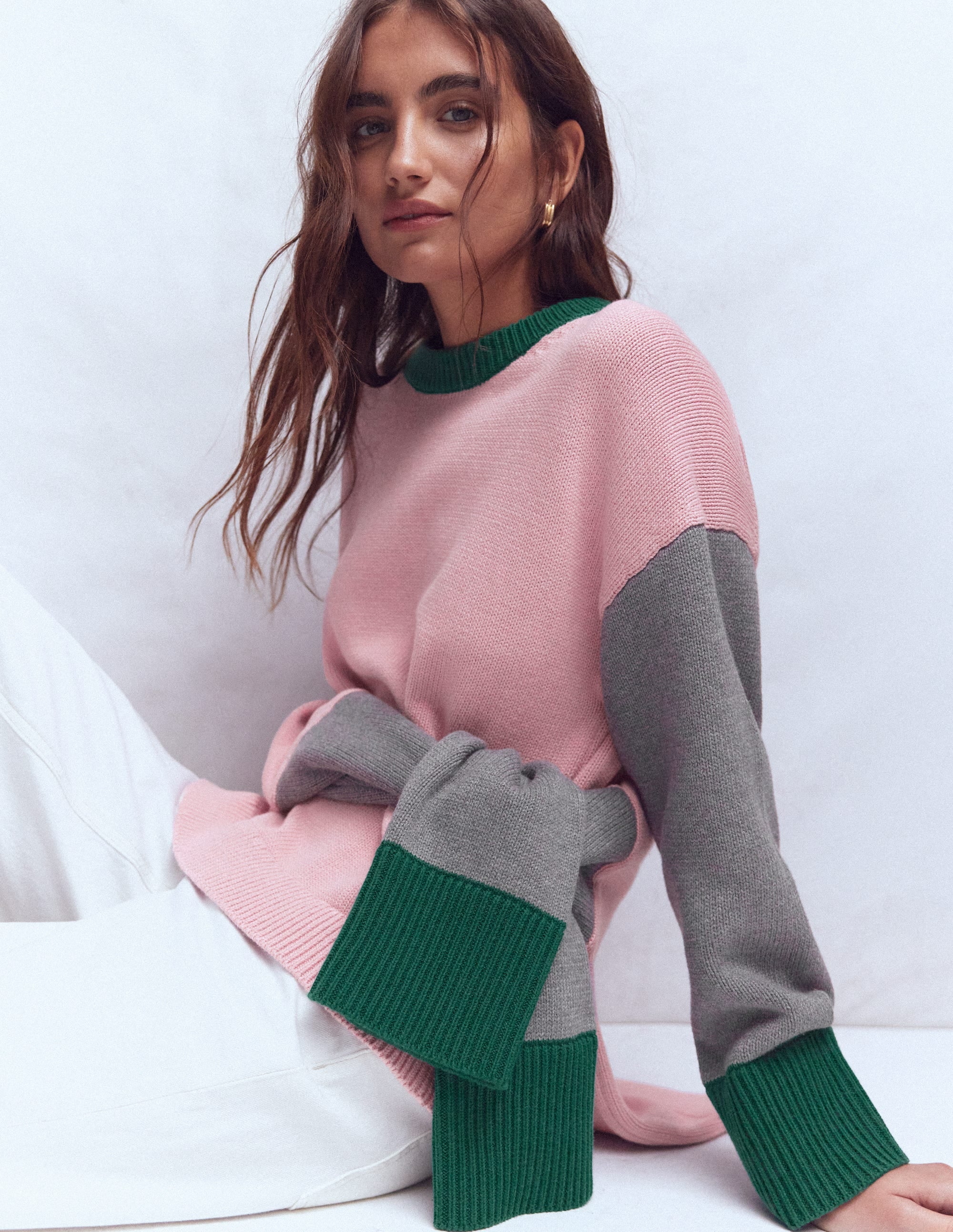 Lucy Relaxed Cotton Jumper-Pink, Grey, Green - Image 1