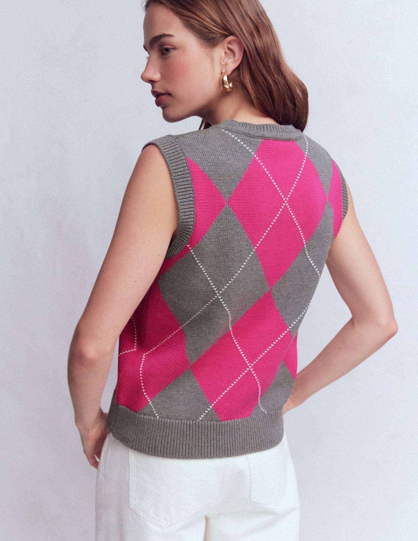Lucy Cotton Tank-Pink/Grey Argyle
