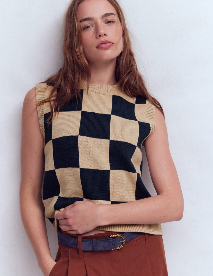 Lucy Cotton Tank-Camel / Navy Check