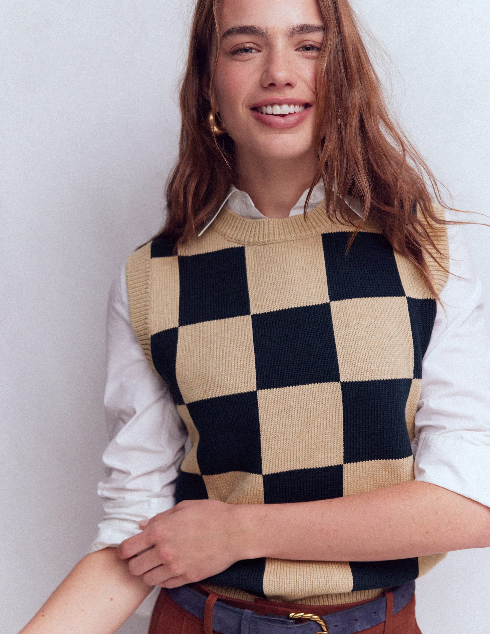 Lucy Cotton Tank-Camel / Navy Check - Image 4
