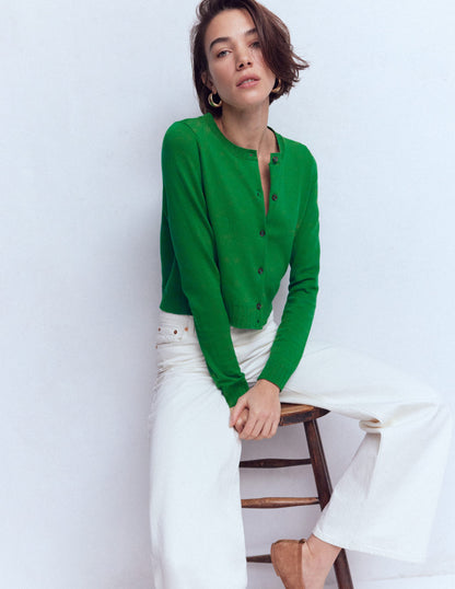 Emilia Cotton Cropped Cardigan-Rich Emerald-1