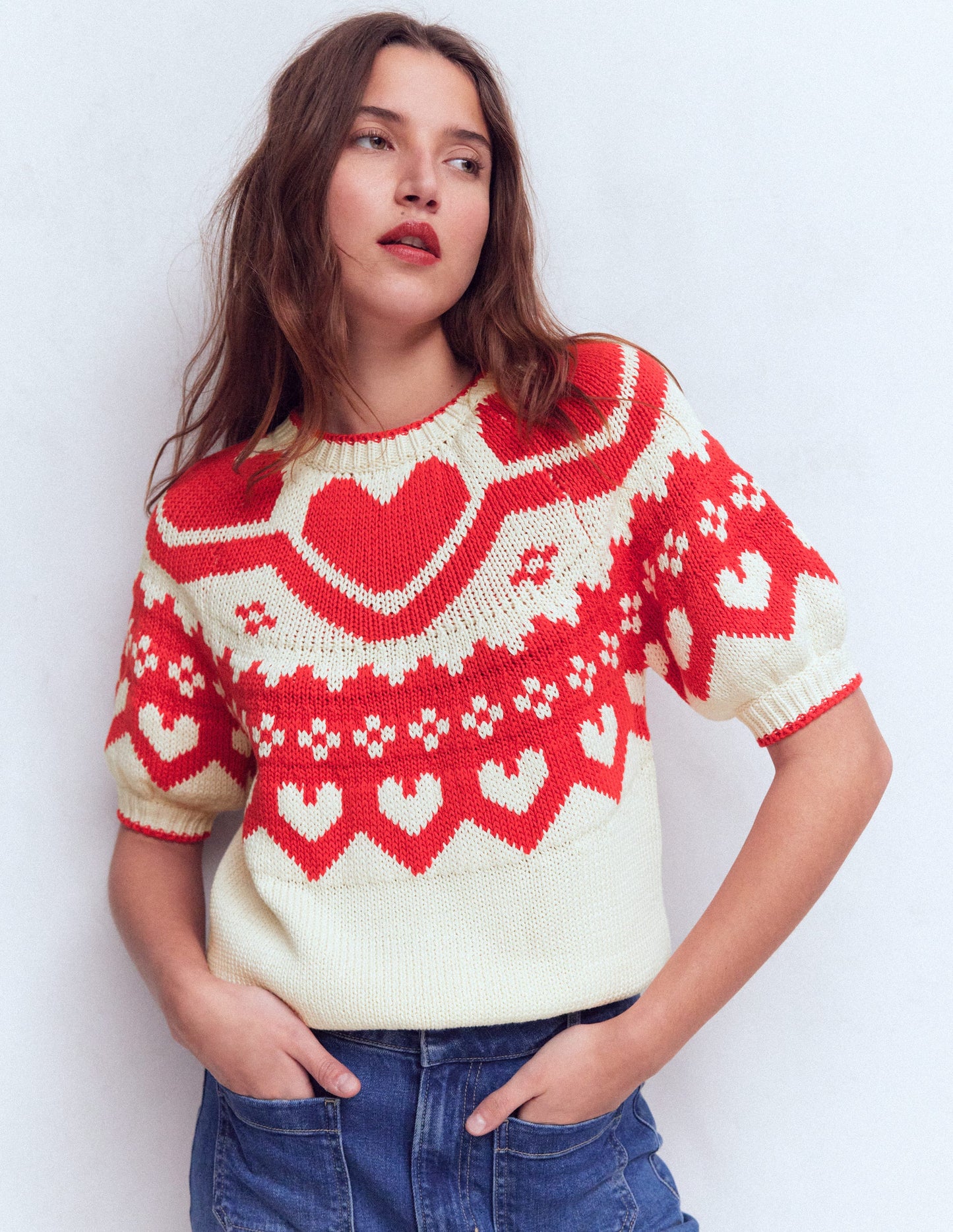 Margot Puff Sleeve T-Shirt-Warm Ivory Hearts