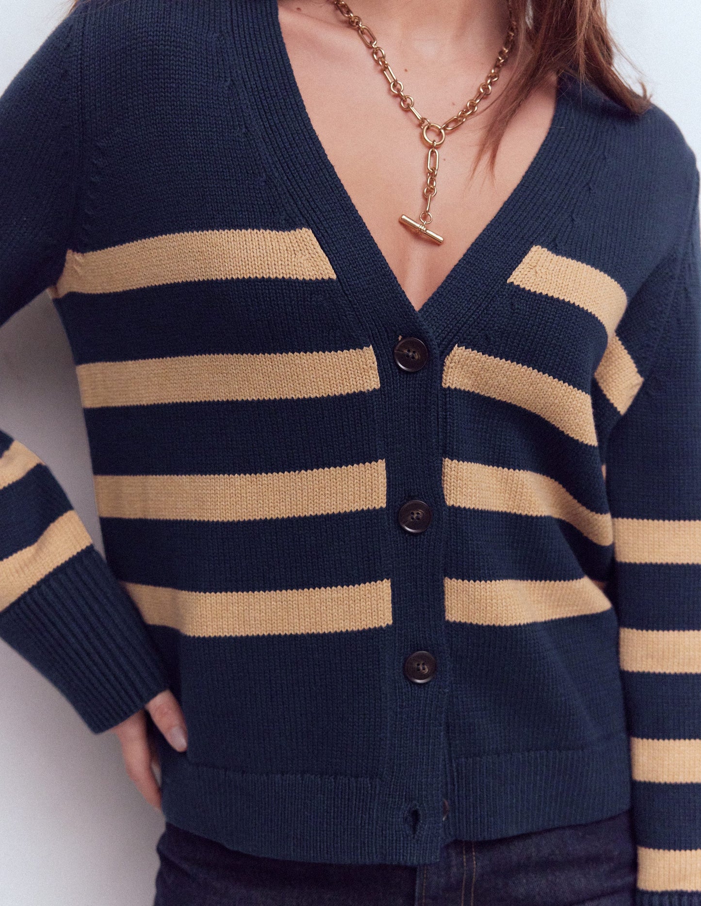 Lucy Relaxed Cotton Cardigan-Navy/ Camel Melange