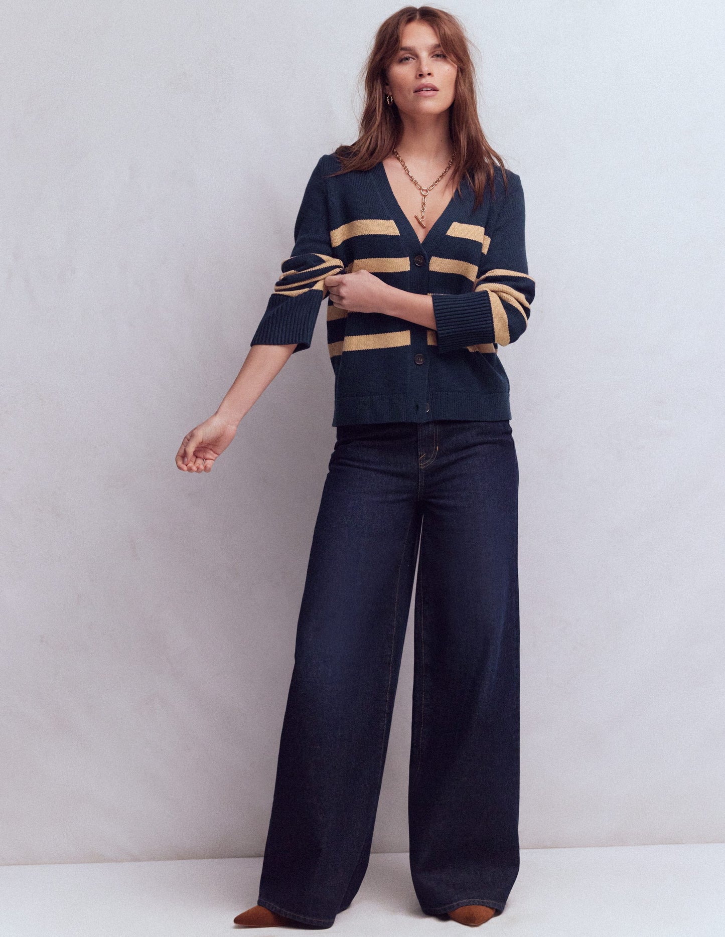 Lucy Relaxed Cotton Cardigan-Navy/ Camel Melange
