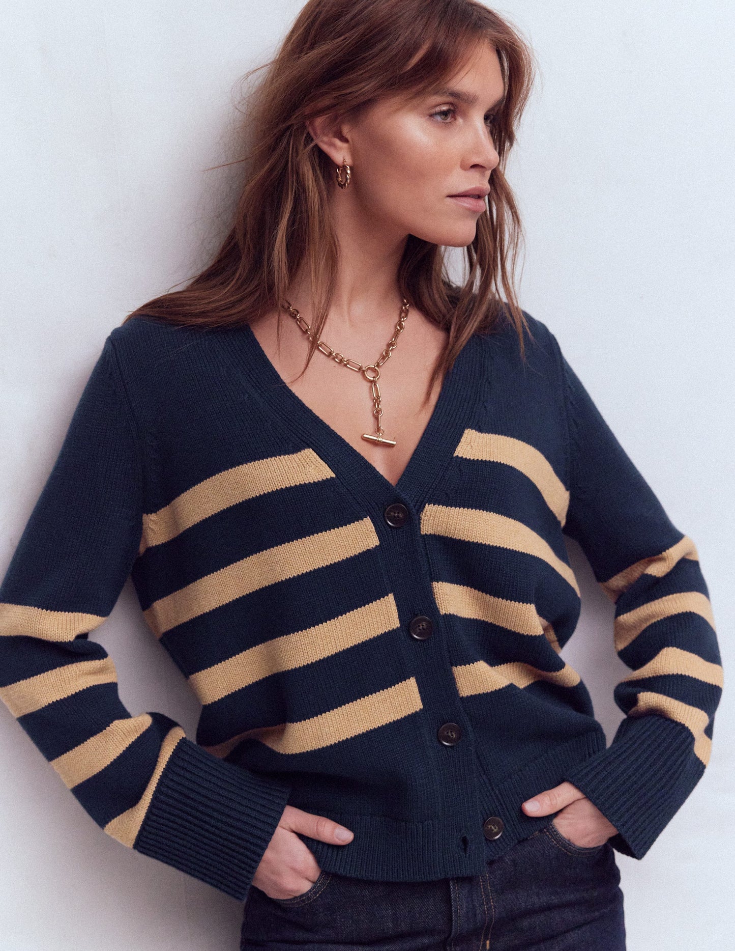 Lucy Relaxed Cotton Cardigan-Navy/ Camel Melange