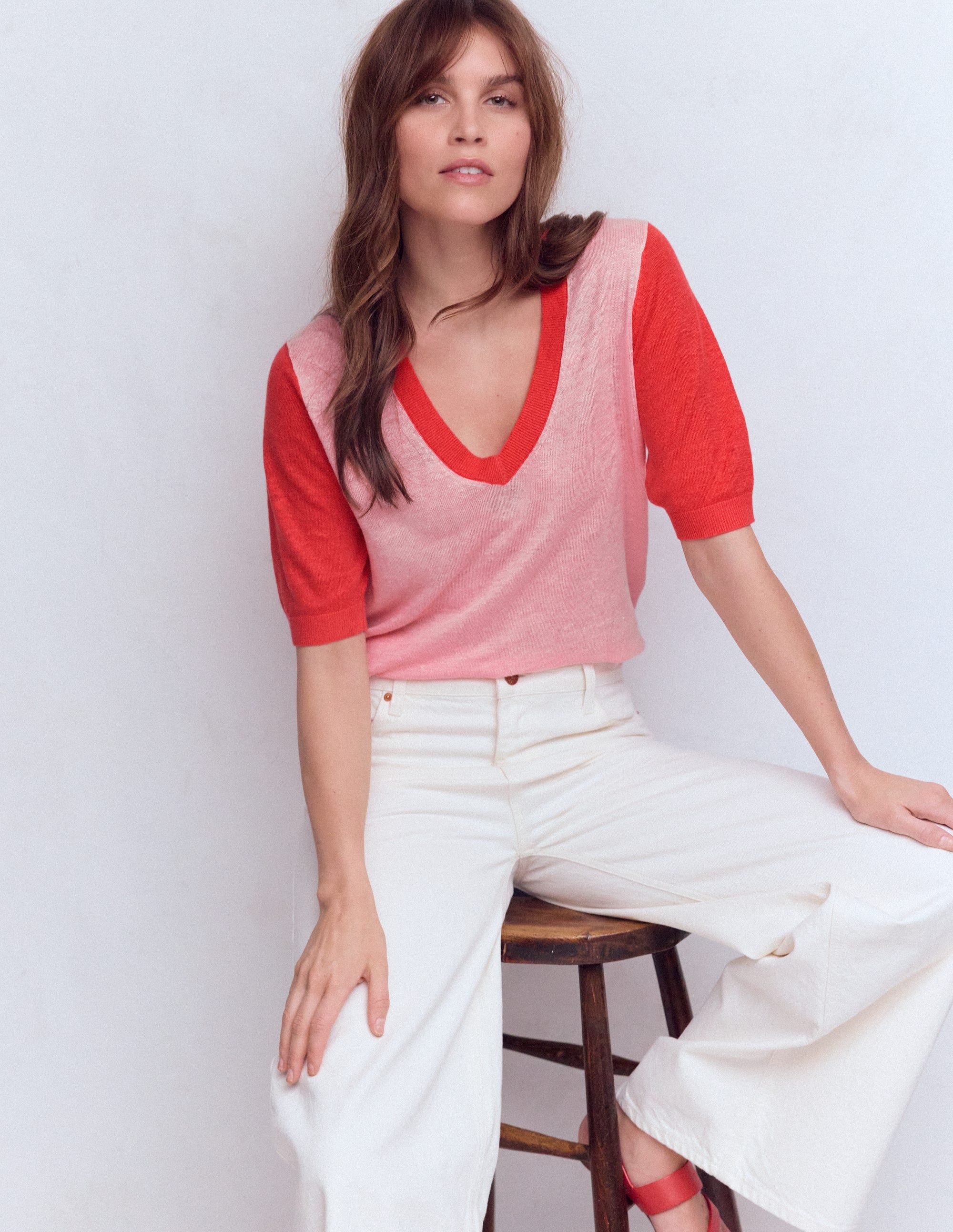 Agnes Linen V Neck T-Shirt-Pink Colour Block - Image 1