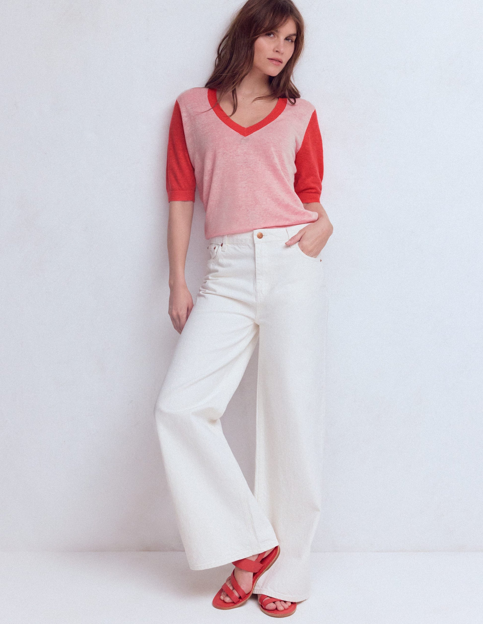 Agnes Linen V Neck T-Shirt-Pink Colour Block-4