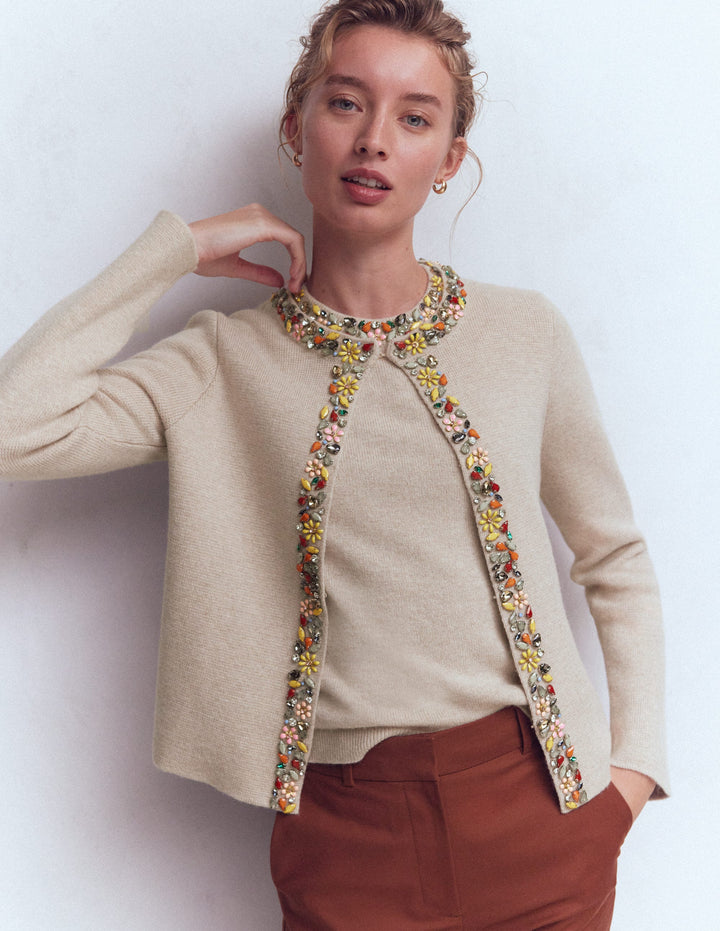 Embellished Knit Cardigan-Chinchilla Melange