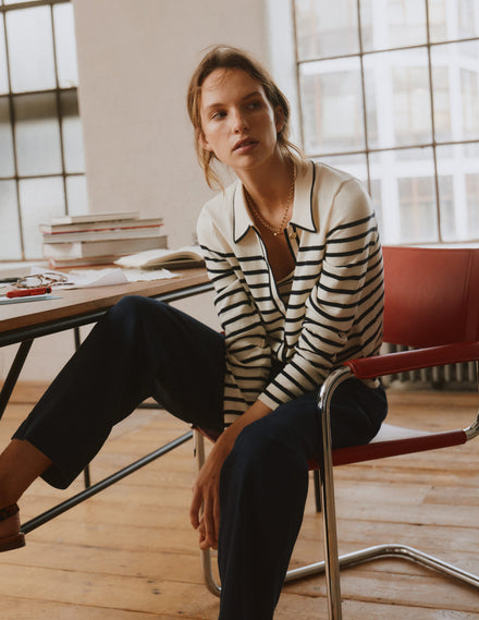 Liz Knitted Collared Cardigan-Ivory/ Navy