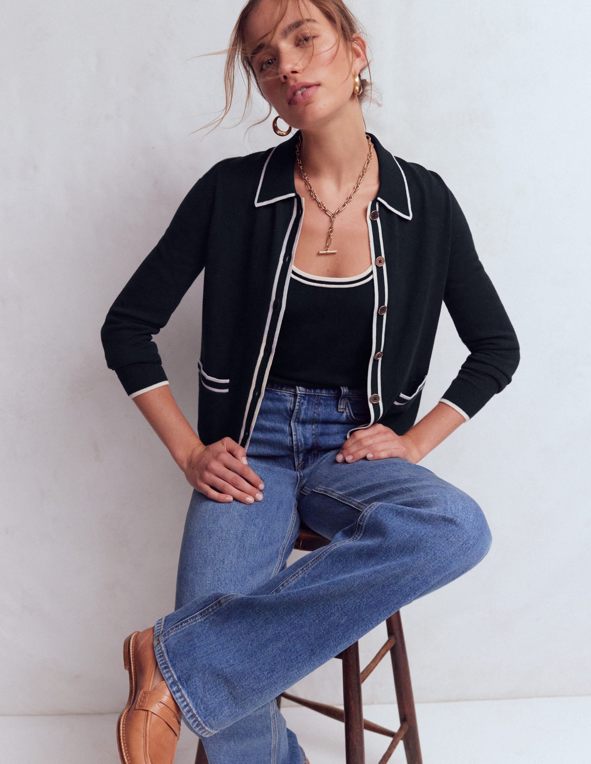 Liz Knitted Collared Cardigan-Navy - Image 1