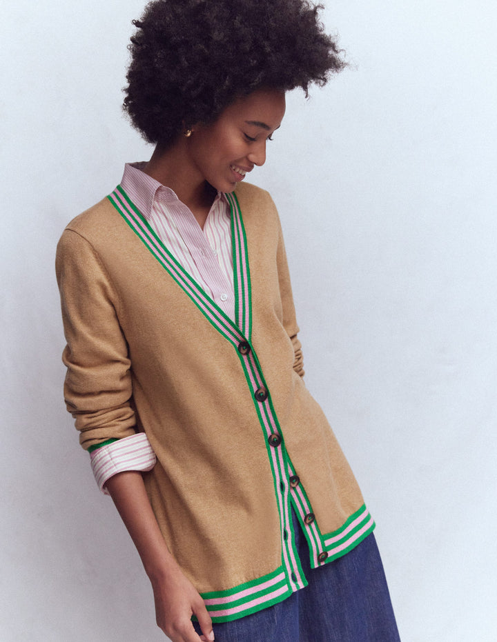 V Neck Longline Cardigan-Camel Melange