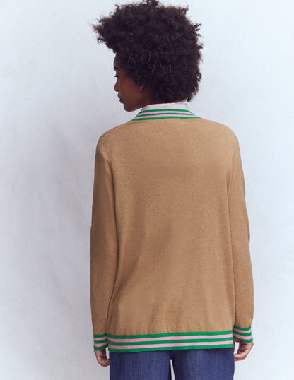 V Neck Longline Cardigan-Camel Melange-4