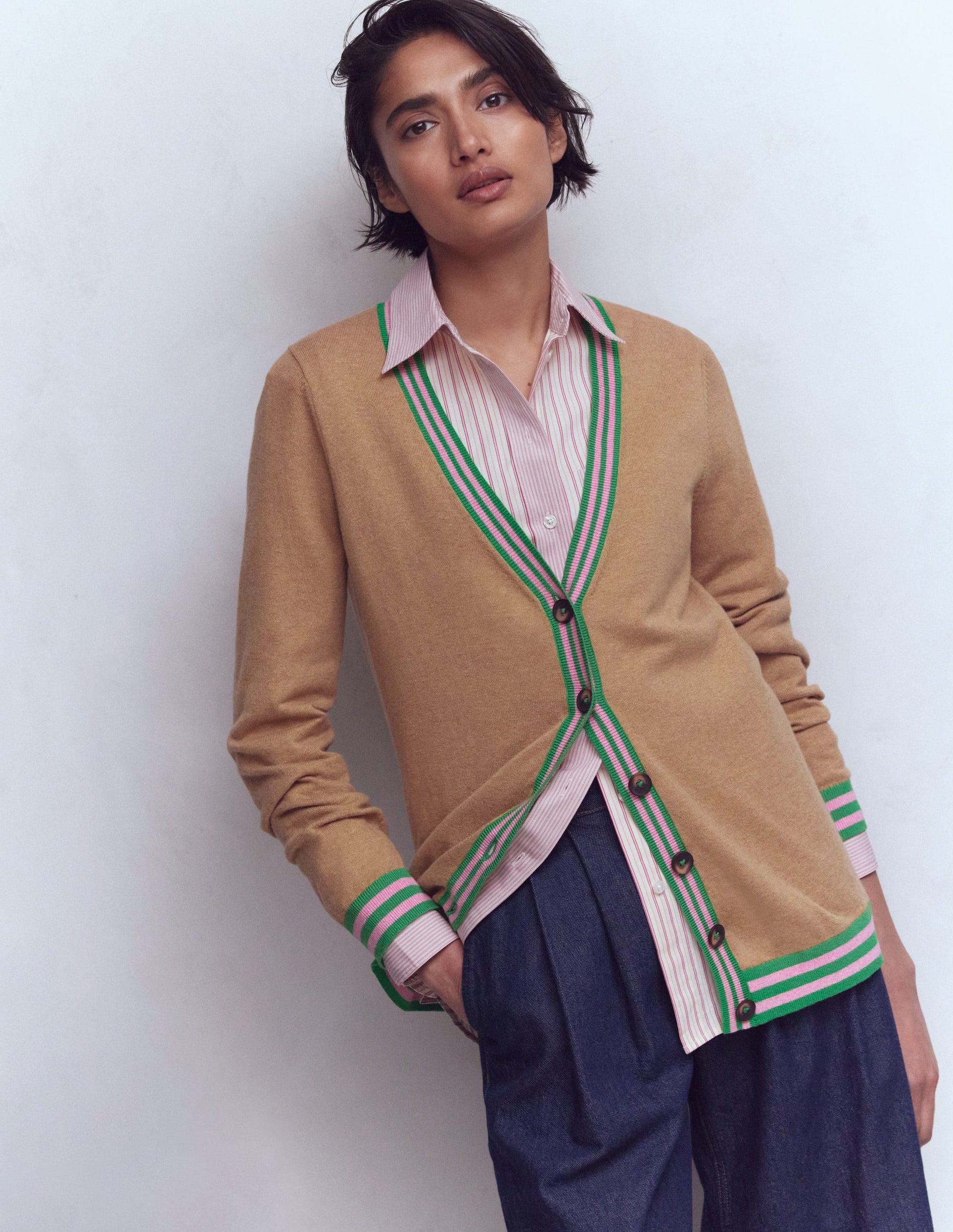 V Neck Longline Cardigan-Camel Melange-7