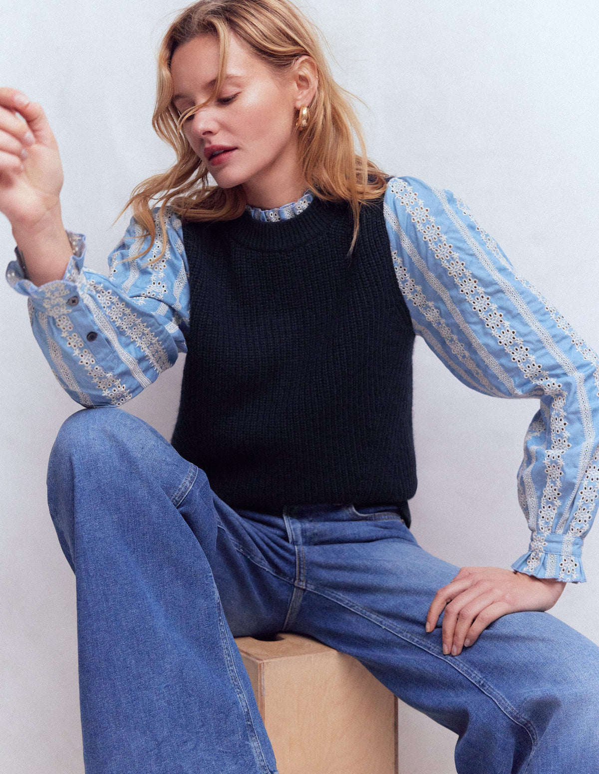 Knit and Woven Mix Jumper-Navy - Image 1
