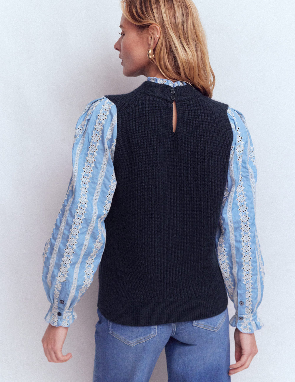 Knit and Woven Mix Jumper-Navy - Image 3