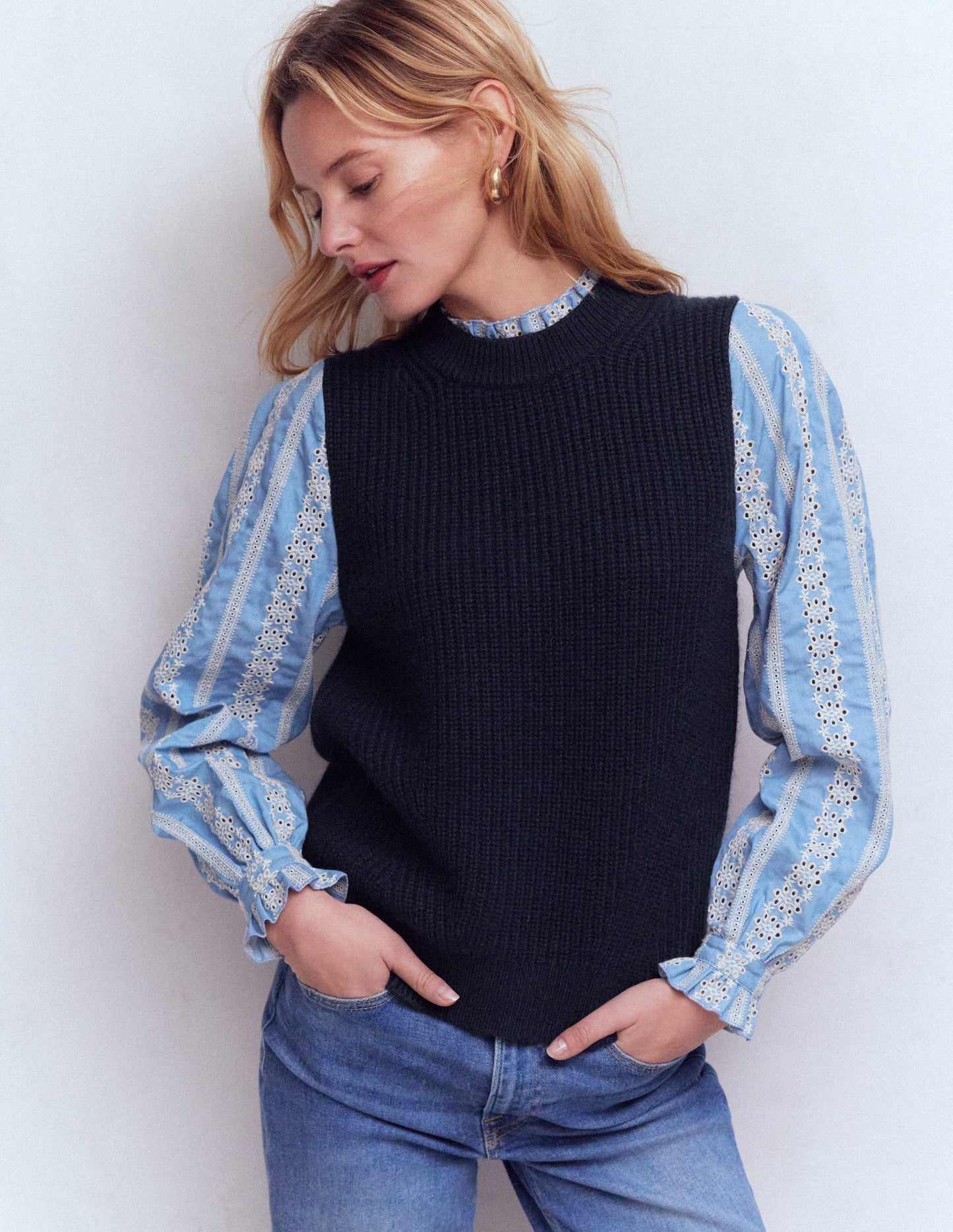 Knit and Woven Mix Jumper-Navy