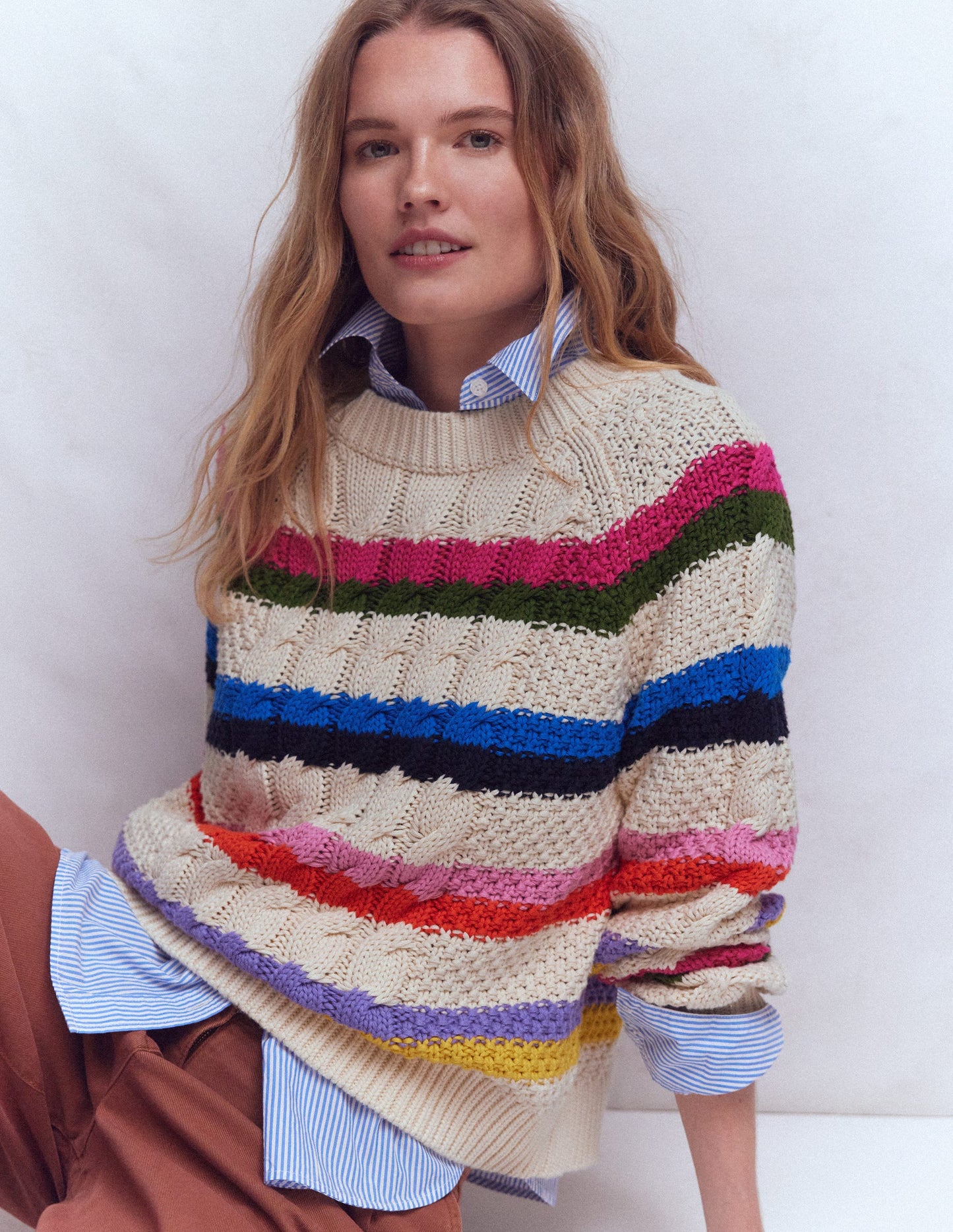 Cotton Cable Jumper-Warm Ivory, Rainbow