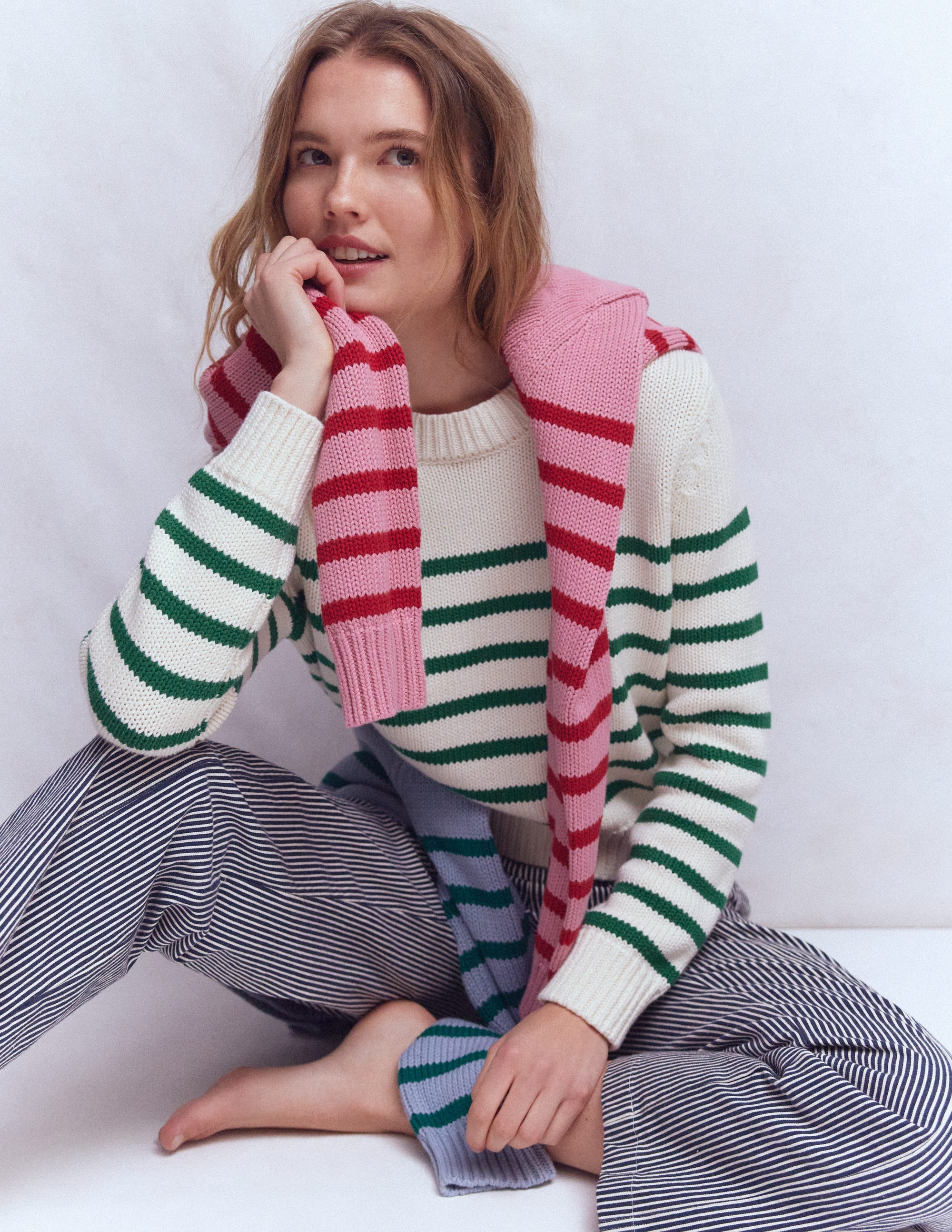 Lucy Chunky Cotton Jumper-Ivory and Jewel Green Stripe - Image 1