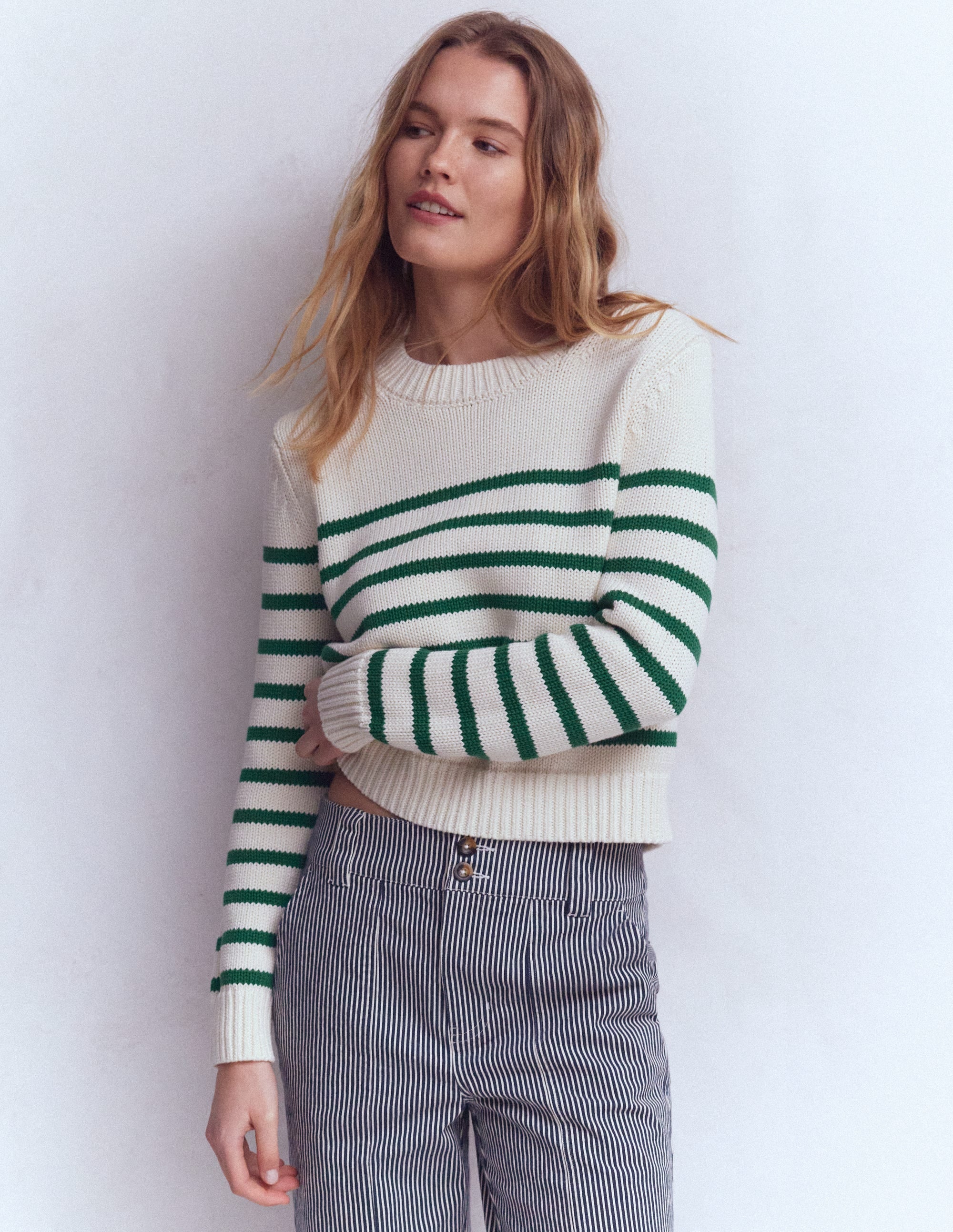 Lucy Chunky Cotton Jumper-Ivory and Jewel Green Stripe - Image 2