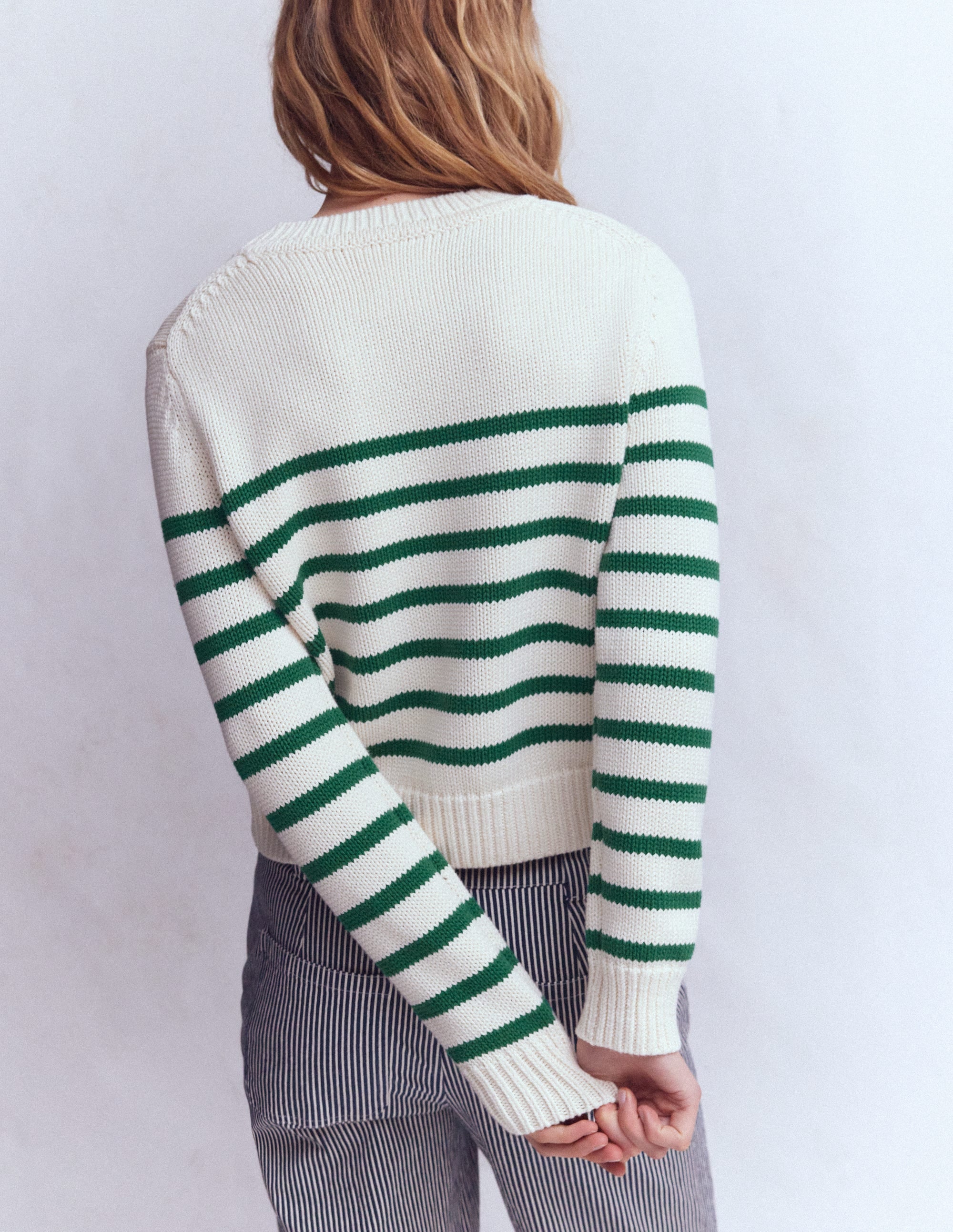 Lucy Chunky Cotton Jumper-Ivory and Jewel Green Stripe - Image 3