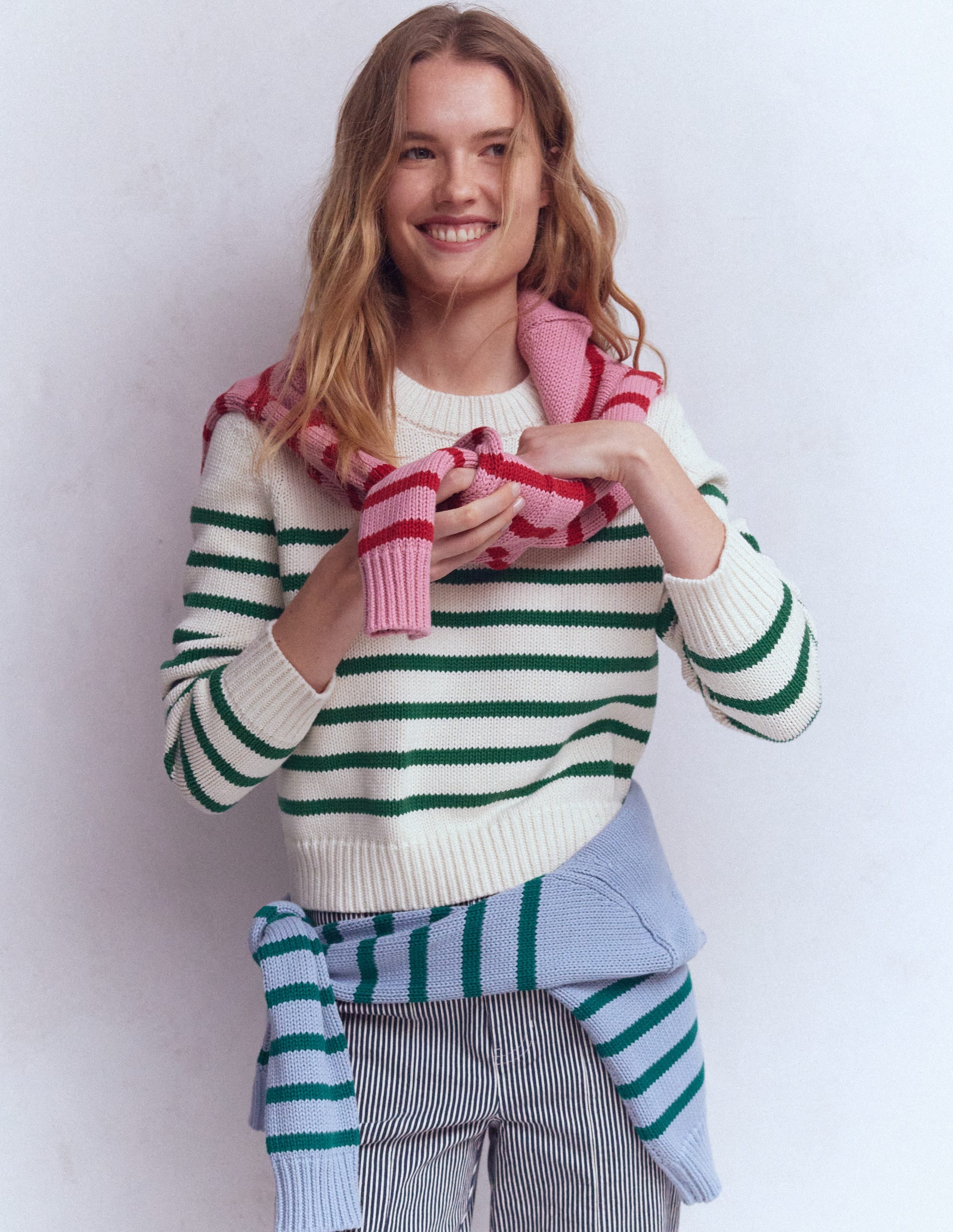 Lucy Chunky Cotton Jumper-Ivory and Jewel Green Stripe - Image 4