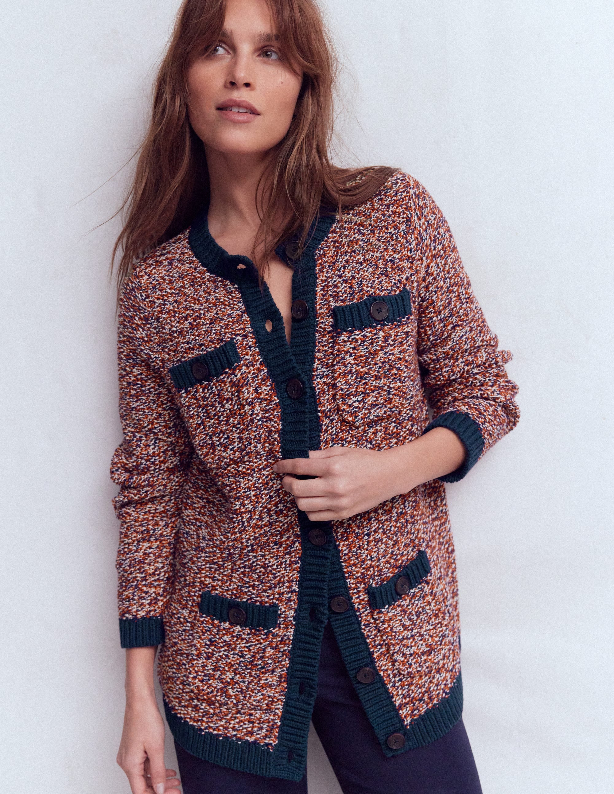 Textured Marl Cardigan-Navy/ Red Marl - Image 1