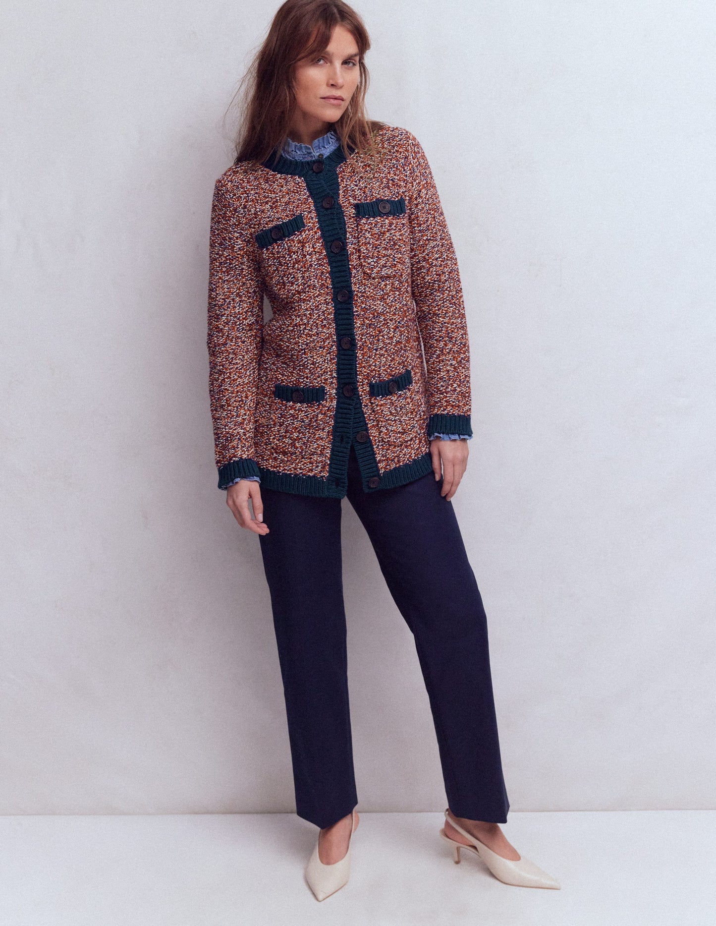 Textured Marl Cardigan-Navy/ Red Marl