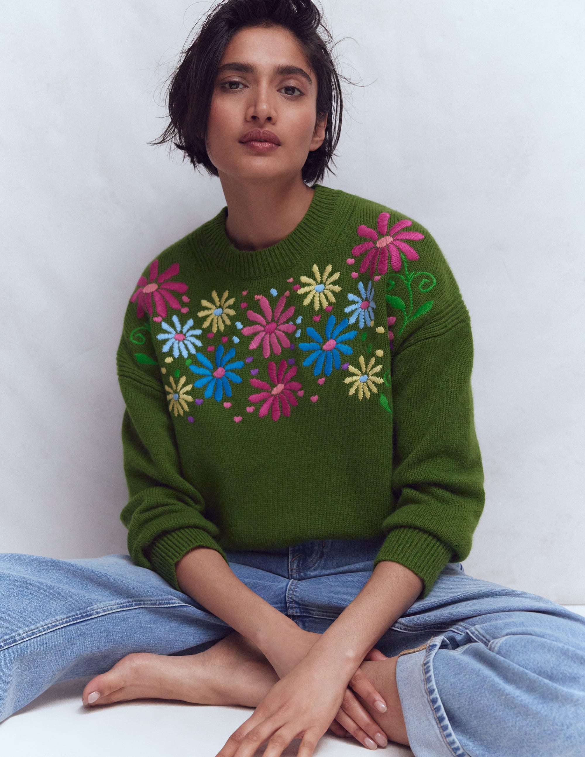 Isa Embroidered Jumper - Herb Garden, Green Flowers | Boden UK