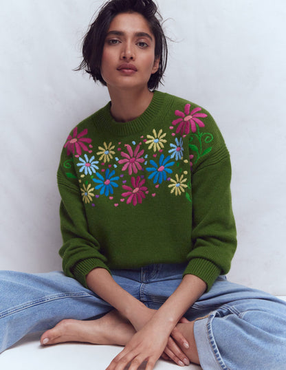 Isa Embroidered Jumper-Herb Garden, Green Flowers-1